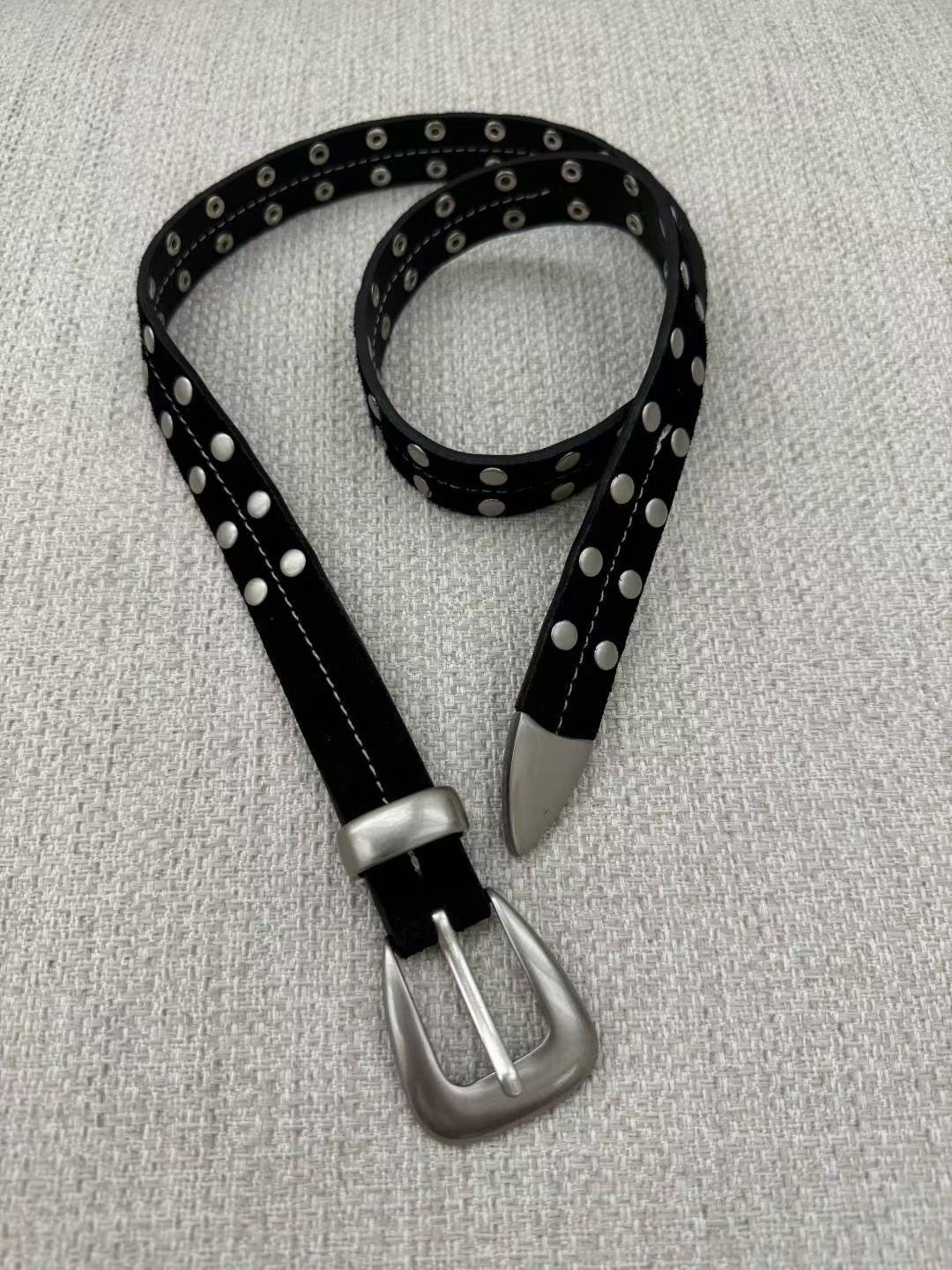銀釦鉚釘義大利牛皮麂皮腰帶