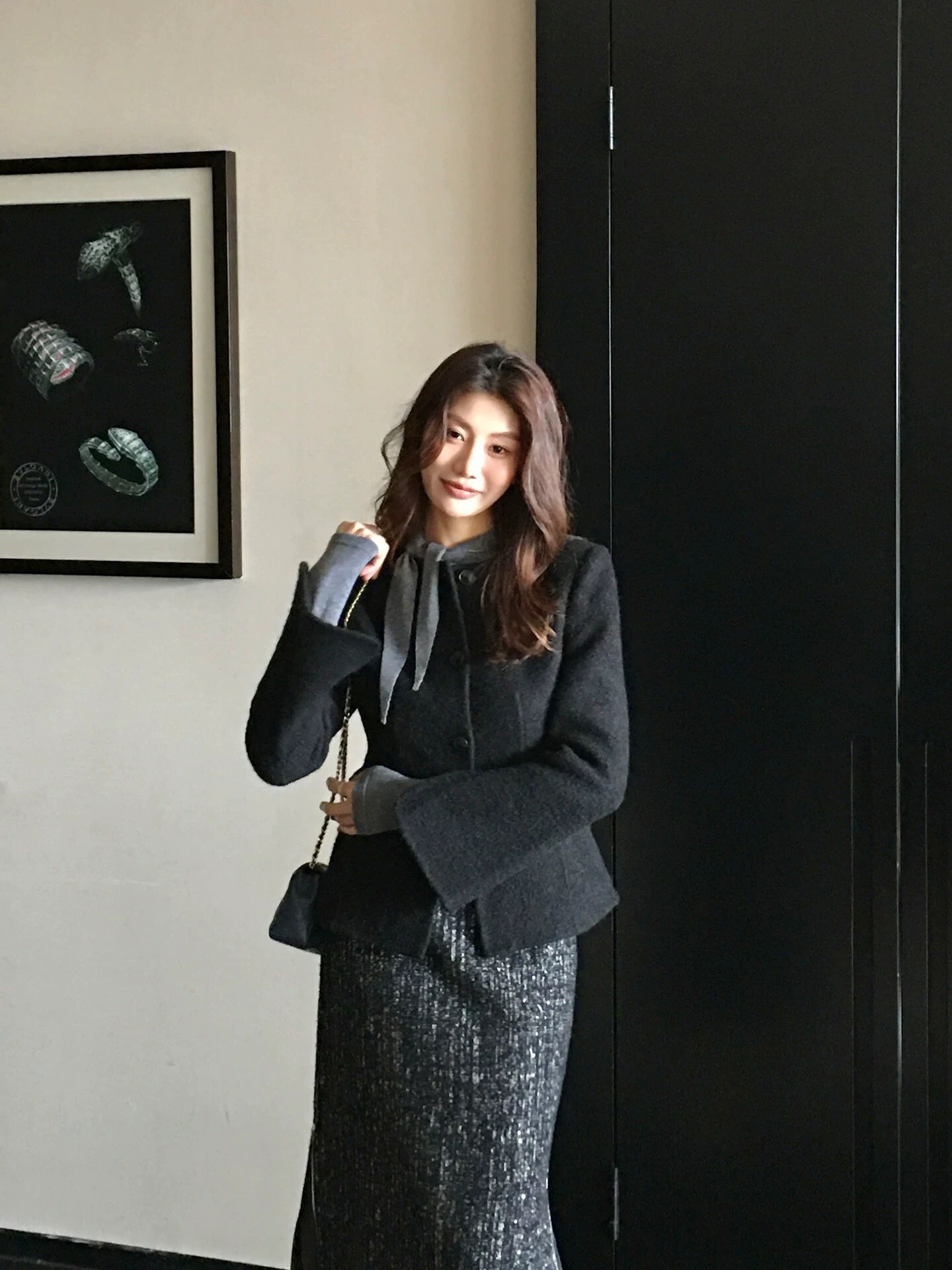 混色石墨灰側開衩造型毛呢鉛筆裙-S-XL (Elegant & Love)