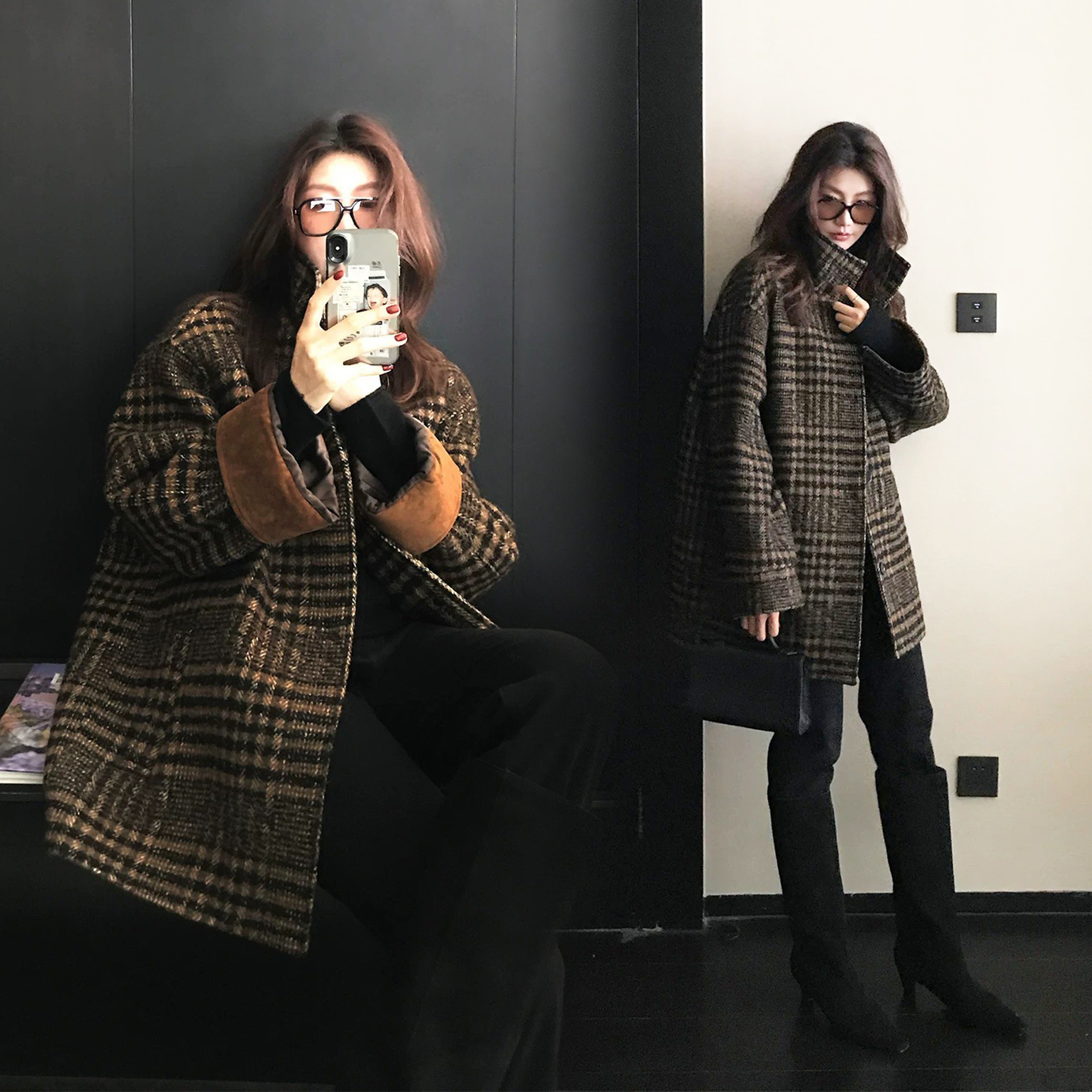 配色手袖格紋立領造型排釦毛呢外套-S-L (Elegant & Love)