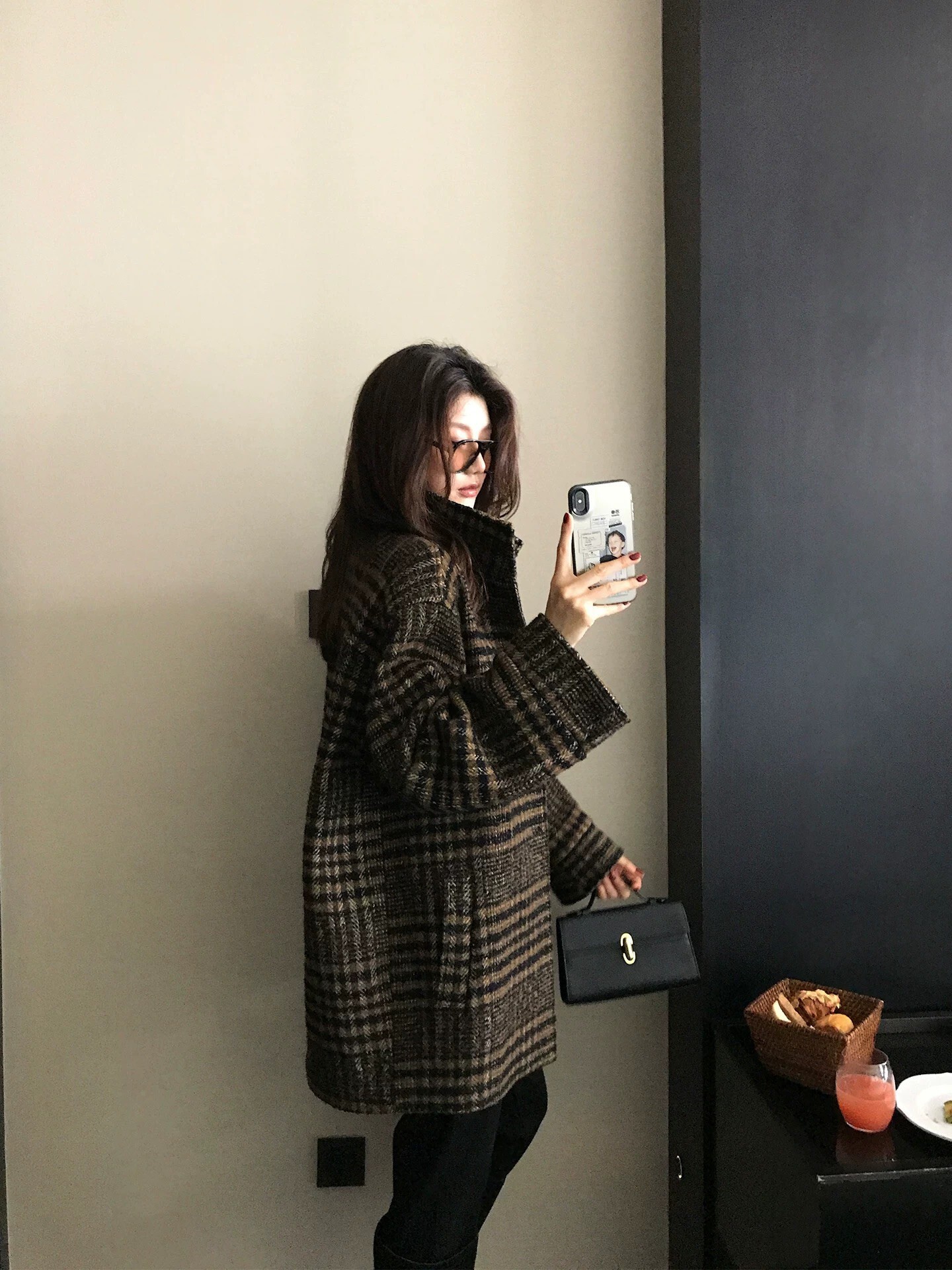 配色手袖格紋立領造型排釦毛呢外套-S-L (Elegant & Love)