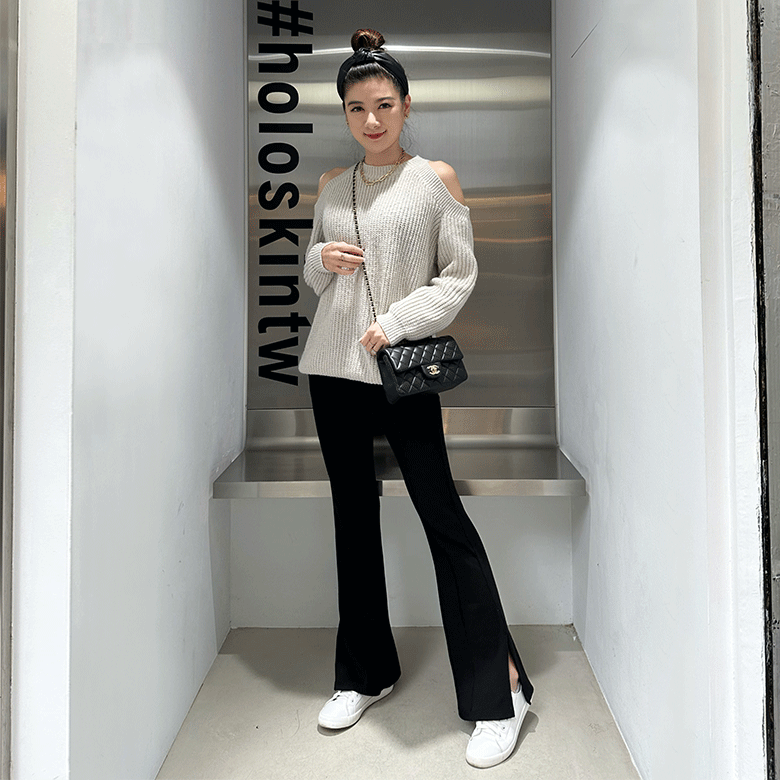 激瘦側開岔喇叭褲