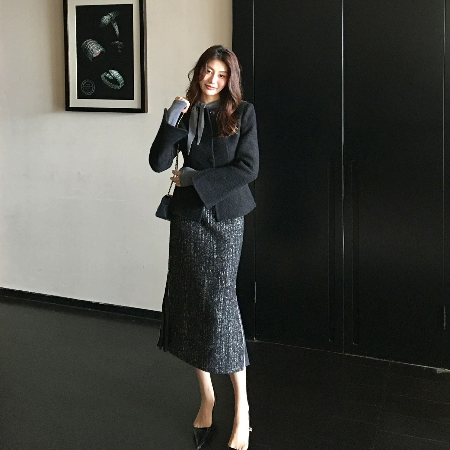 混色石墨灰側開衩造型毛呢鉛筆裙-S-XL (Elegant & Love)