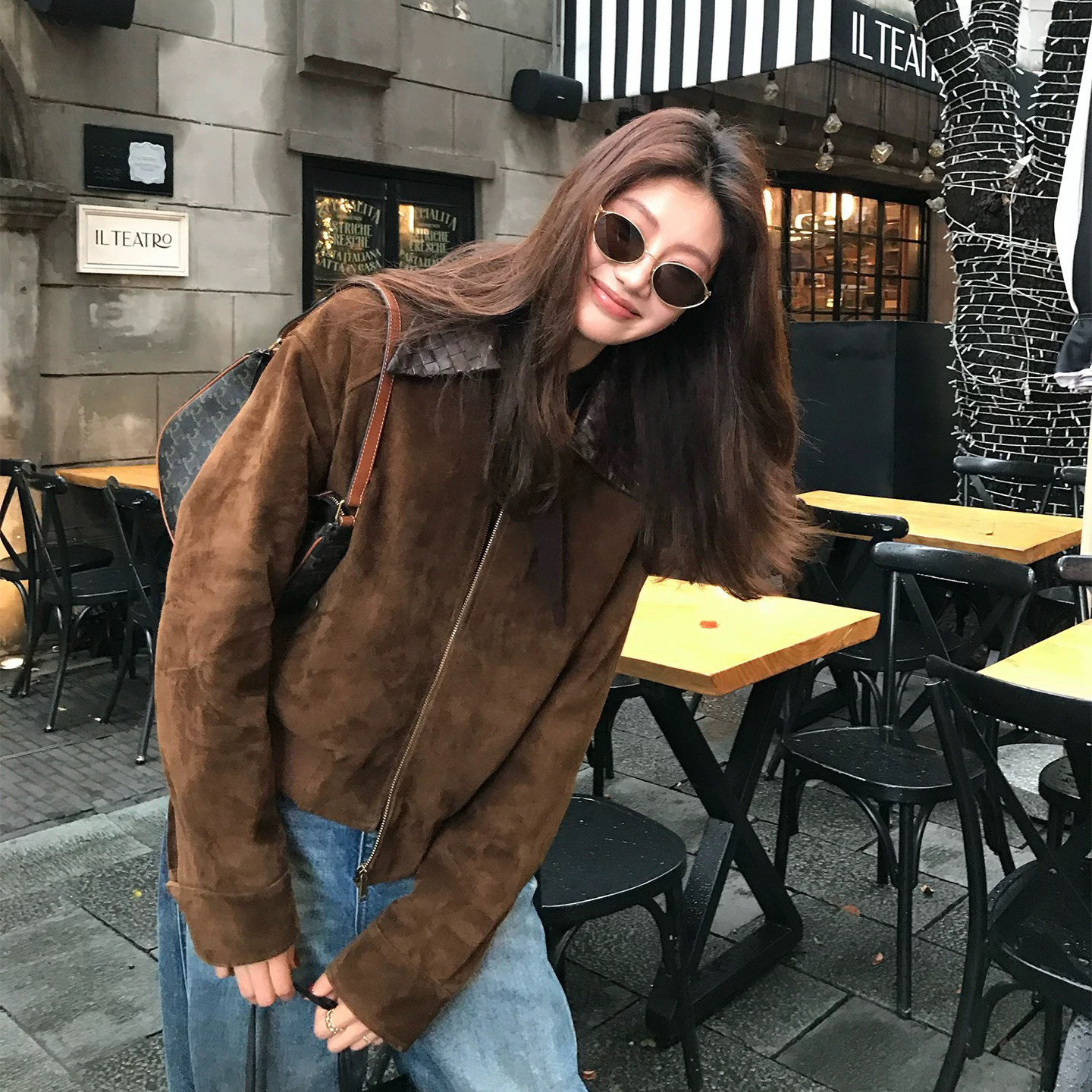 配色編織感皮革領片造型麂皮拉鍊外套-S-L (Elegant & Love)