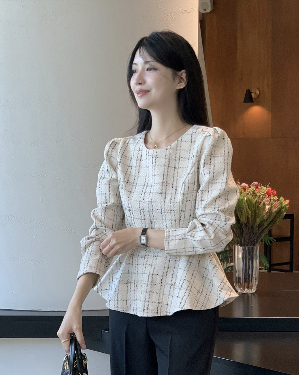 Olga 格紋傘襬腰帶襯衫 [ 2色 / Free ]