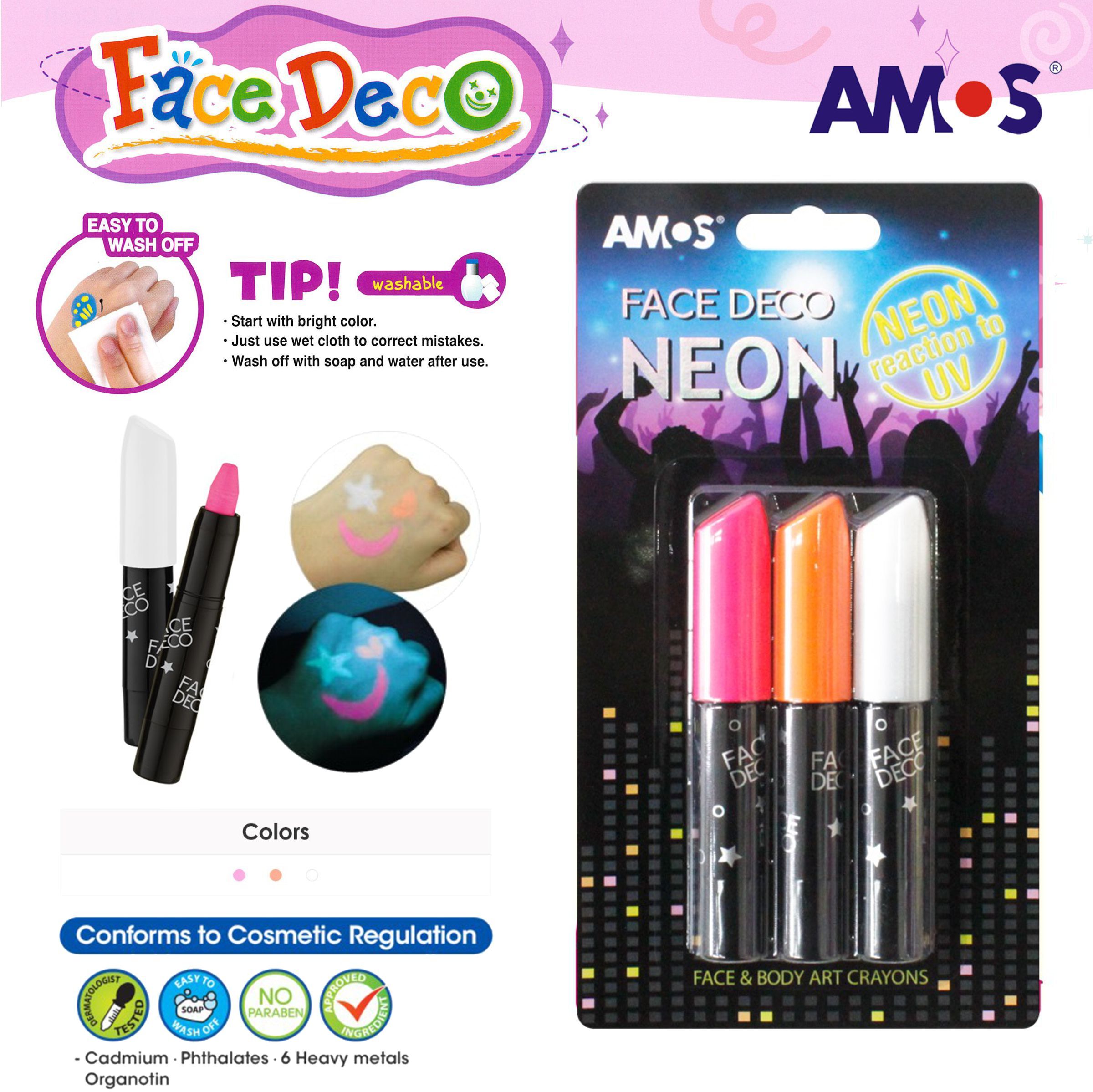 AMOS - 韓國 AMOS 繪臉彩夜光亮麗蠟筆, 3色套裝 (粉紅+橙+白) #FD10B3ND《香港行貨》- 1 套 (繪面畫臉畫面彩)