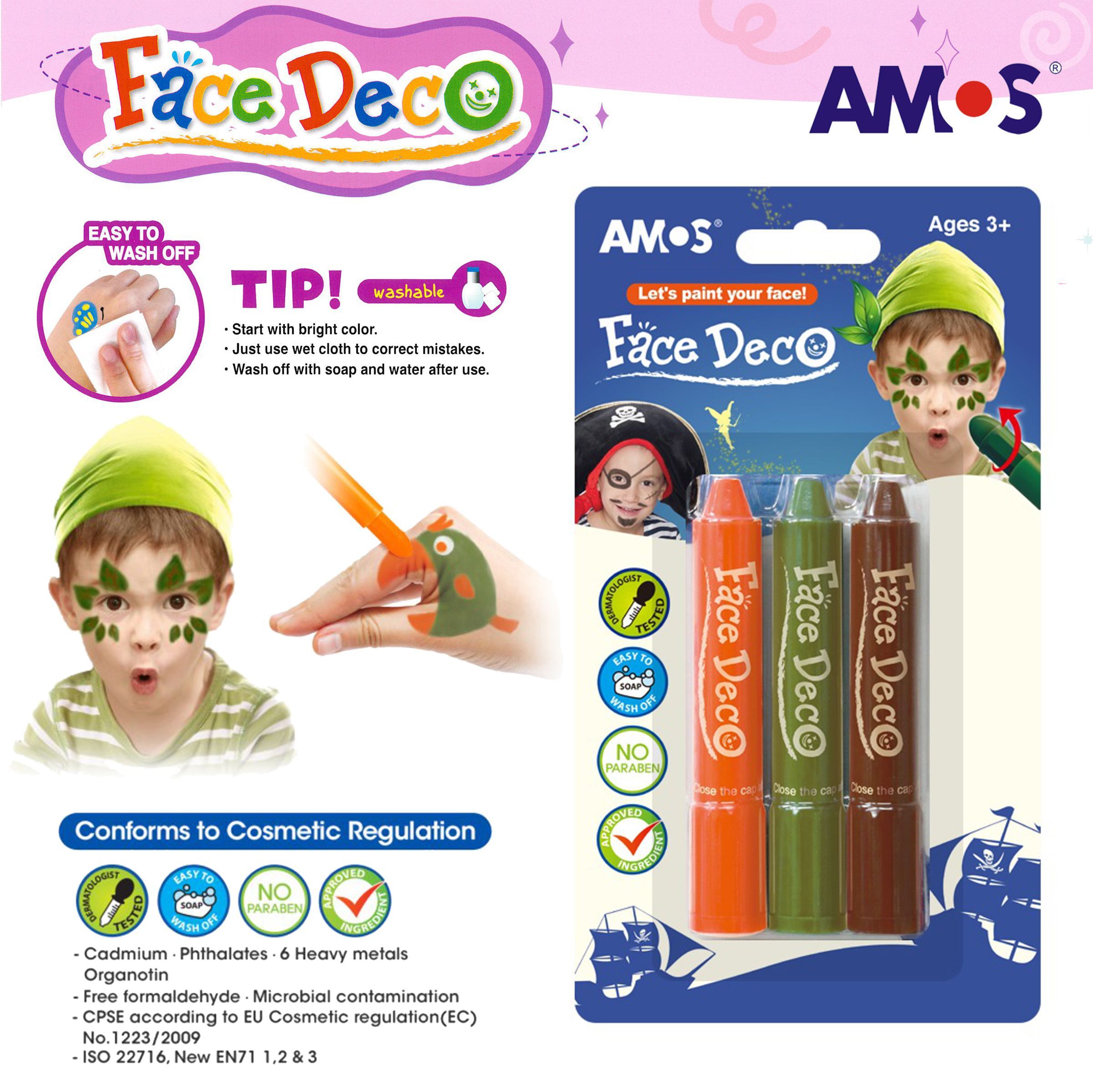 AMOS - 韓國 AMOS 繪臉彩蠟筆, 3色套裝 (橙+綠+啡) #FD5B3B《香港行貨》- 1套 (繪面畫臉畫面彩)