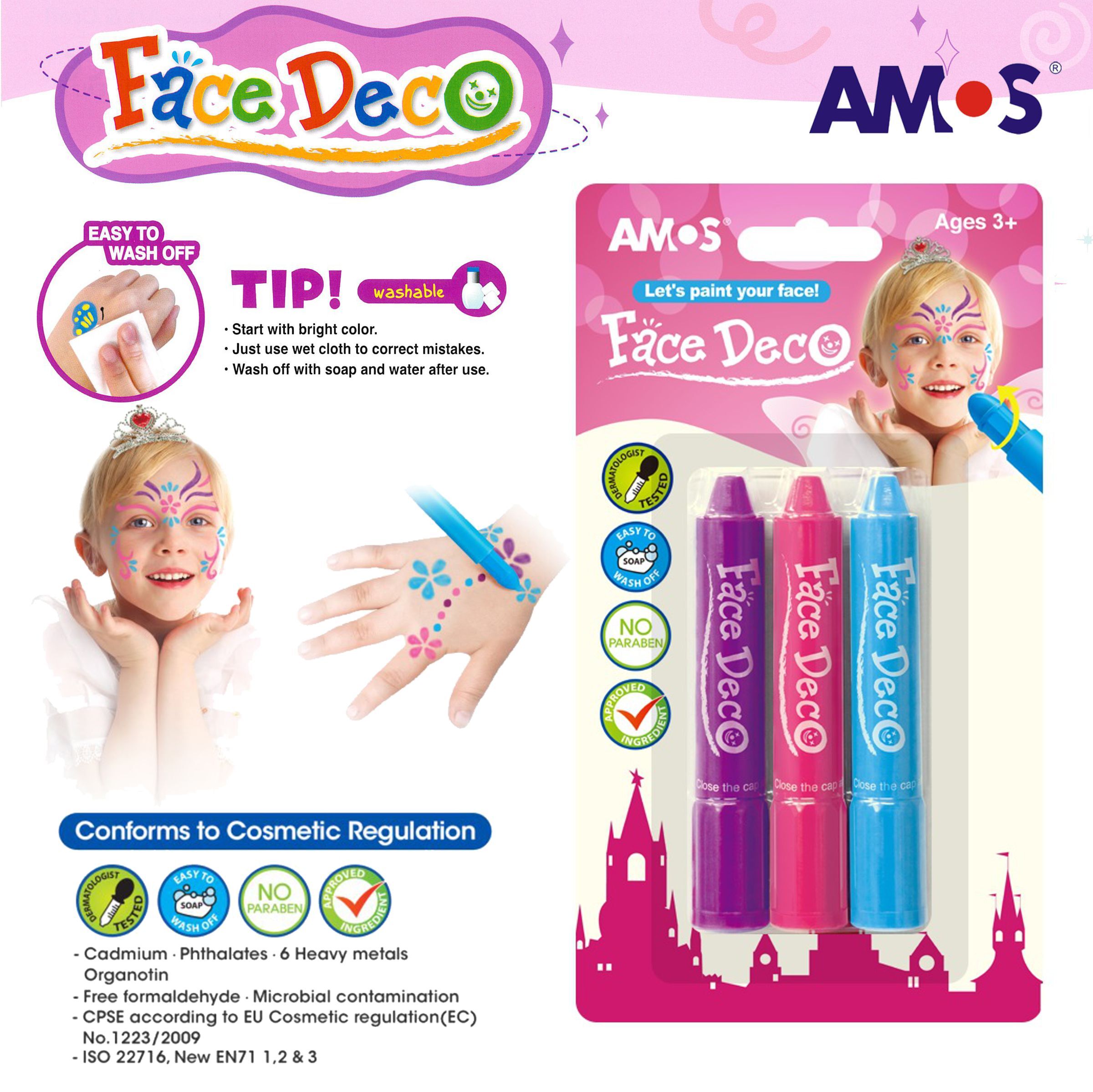 AMOS - 韓國 AMOS 繪臉彩蠟筆, 3色套裝 (紫+粉紅+天藍) #FD5B3G《香港行貨》- 1 套 (繪面畫臉畫面彩)