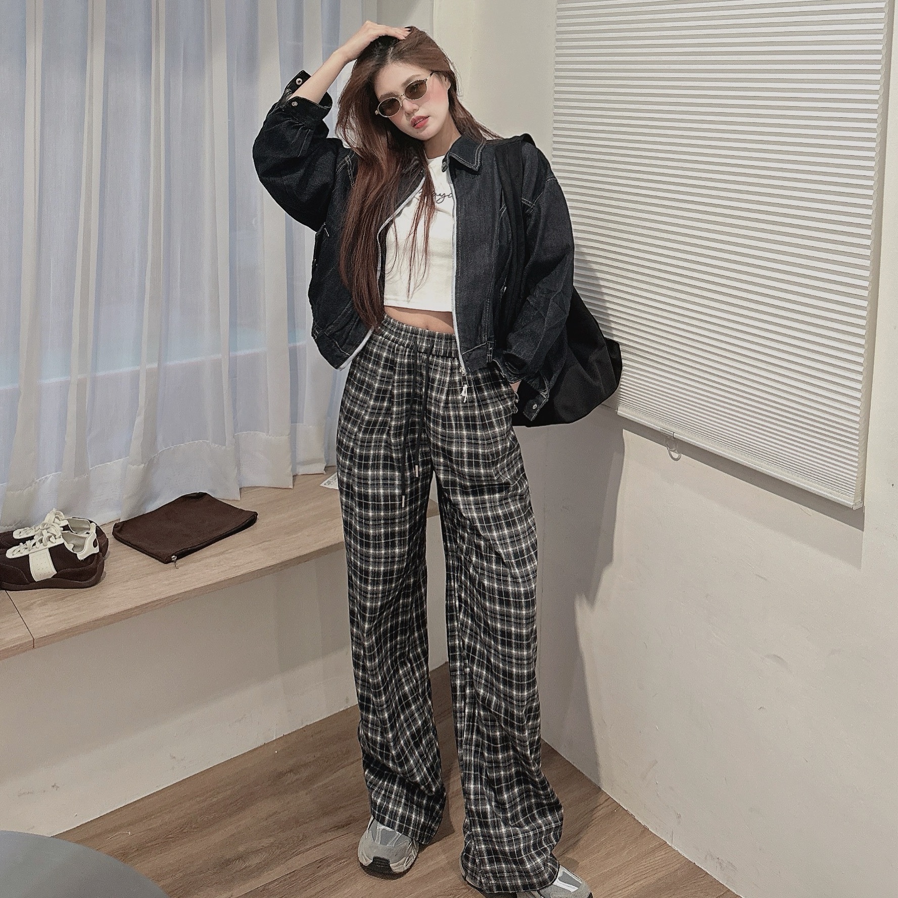 休閒復古格紋寬褲/二色