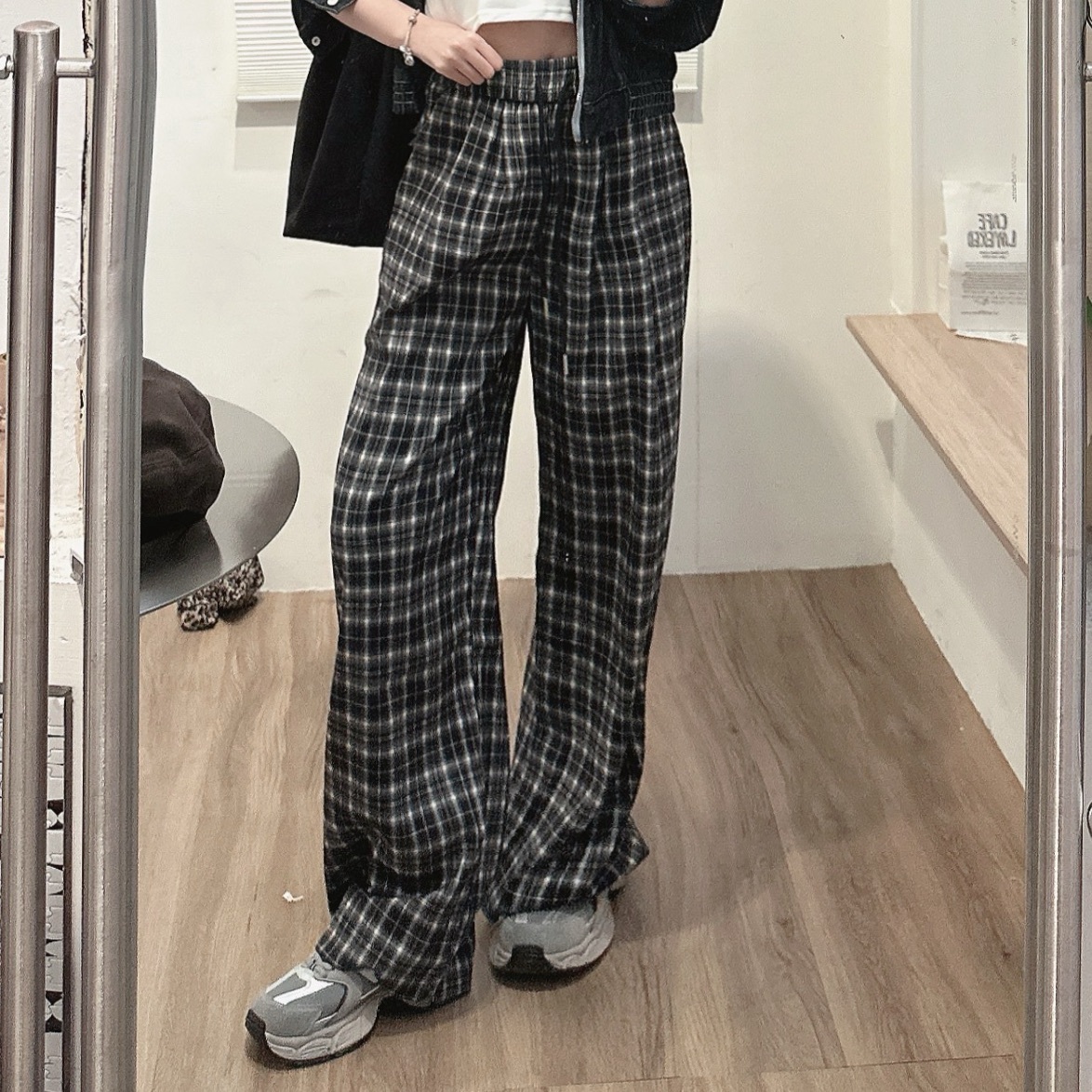 休閒復古格紋寬褲/二色