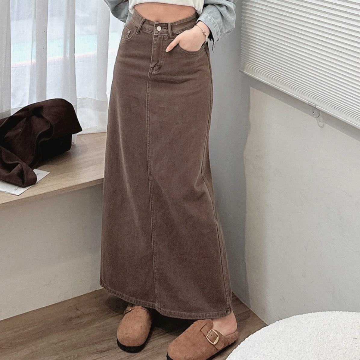 後開衩牛仔長裙／二色