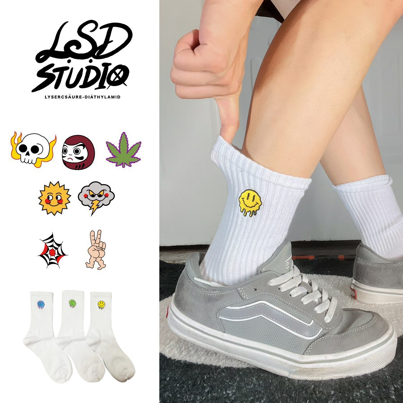 刺繡系列襪-融化笑臉|達摩|麻葉|火焰骷髏|太陽|閃電雲|蜘蛛網