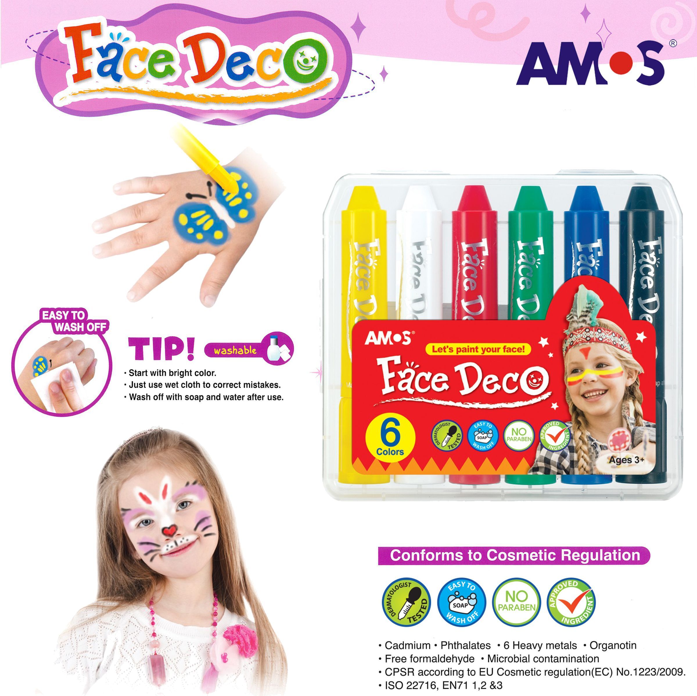 AMOS - 韓國 AMOS 繪臉彩蠟筆, 6色套裝 #FD5PC6《香港行貨》- 1 套 (繪面畫臉畫面彩)