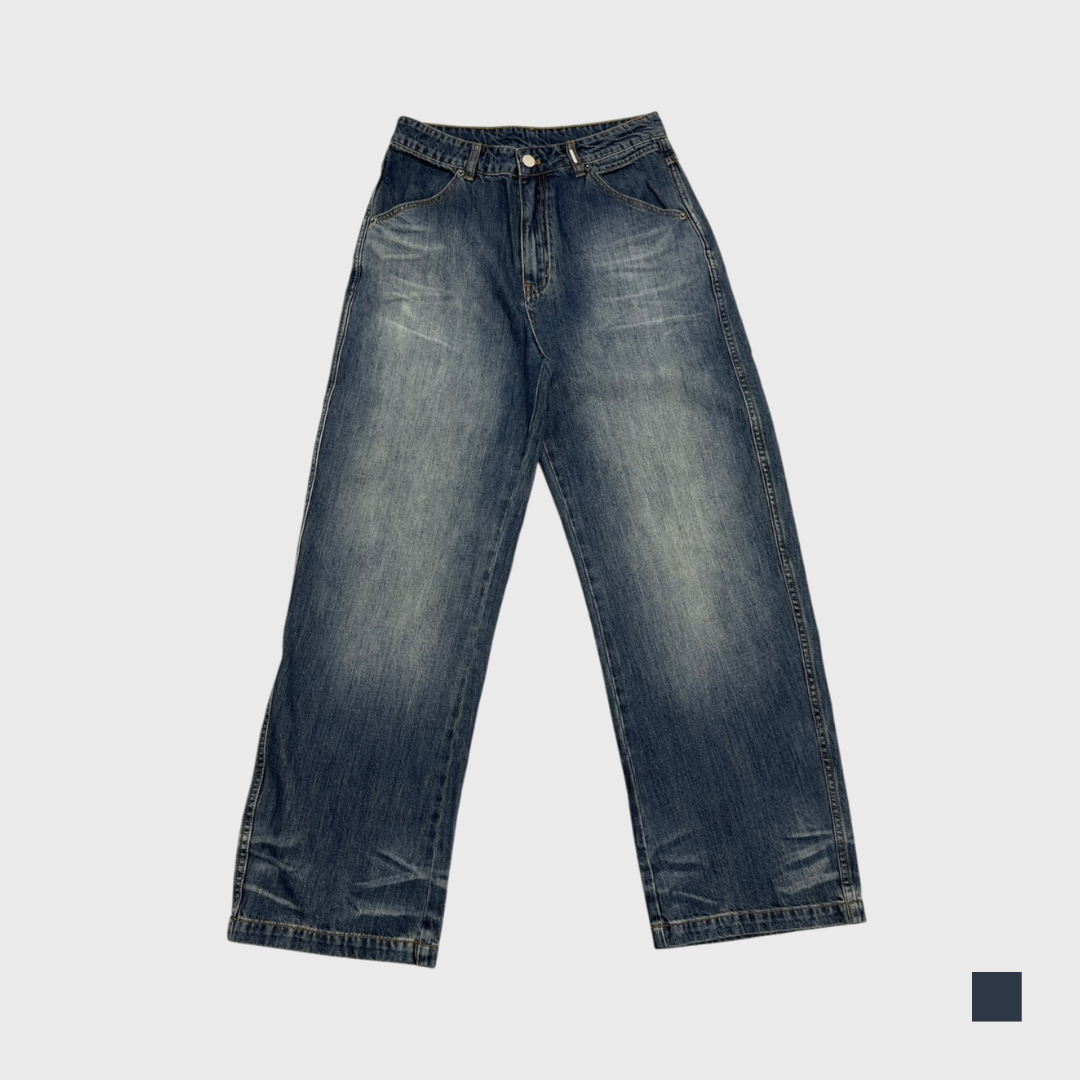 復古刷色貓鬚牛仔褲