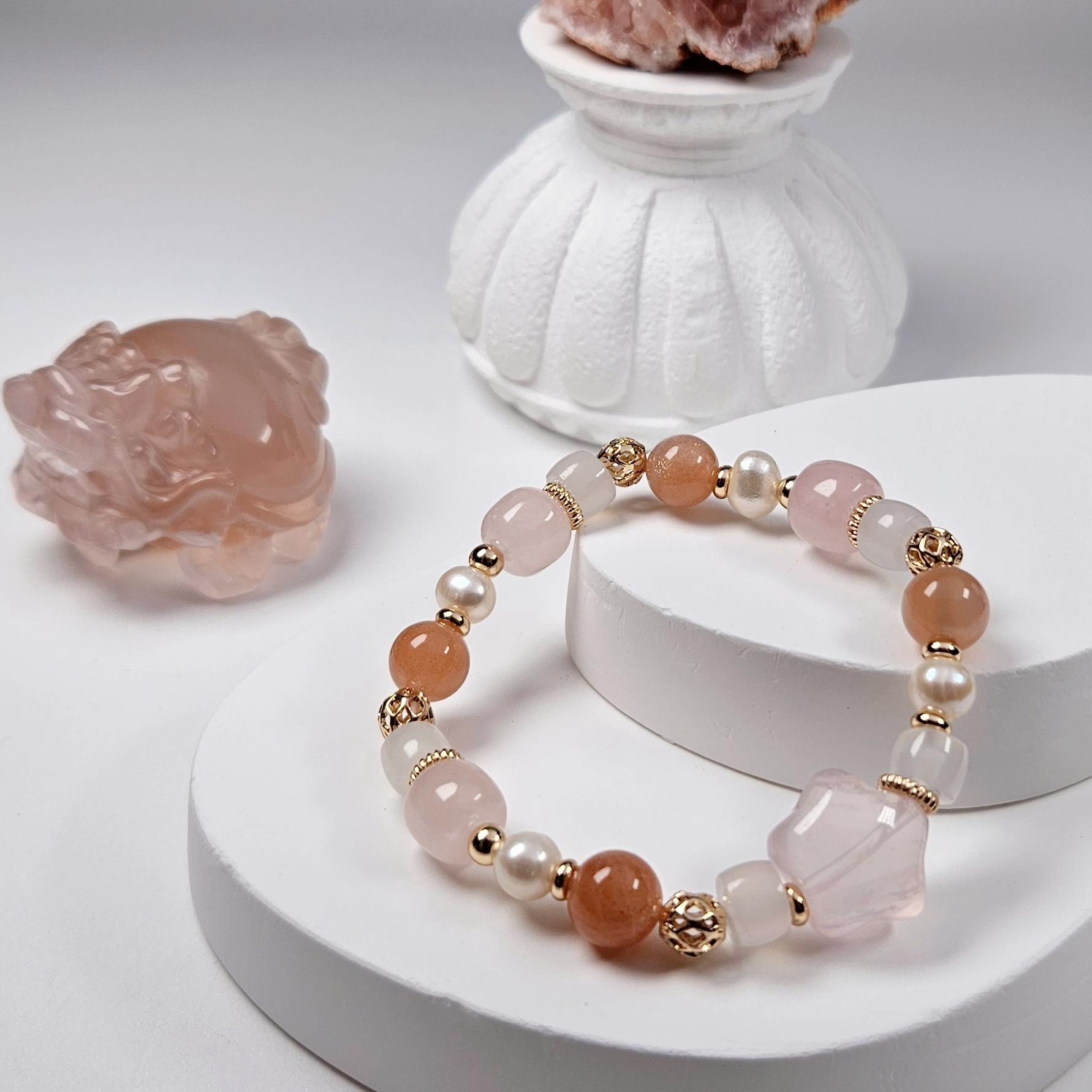 粉水晶星星×太陽石×白玉髓 手鍊