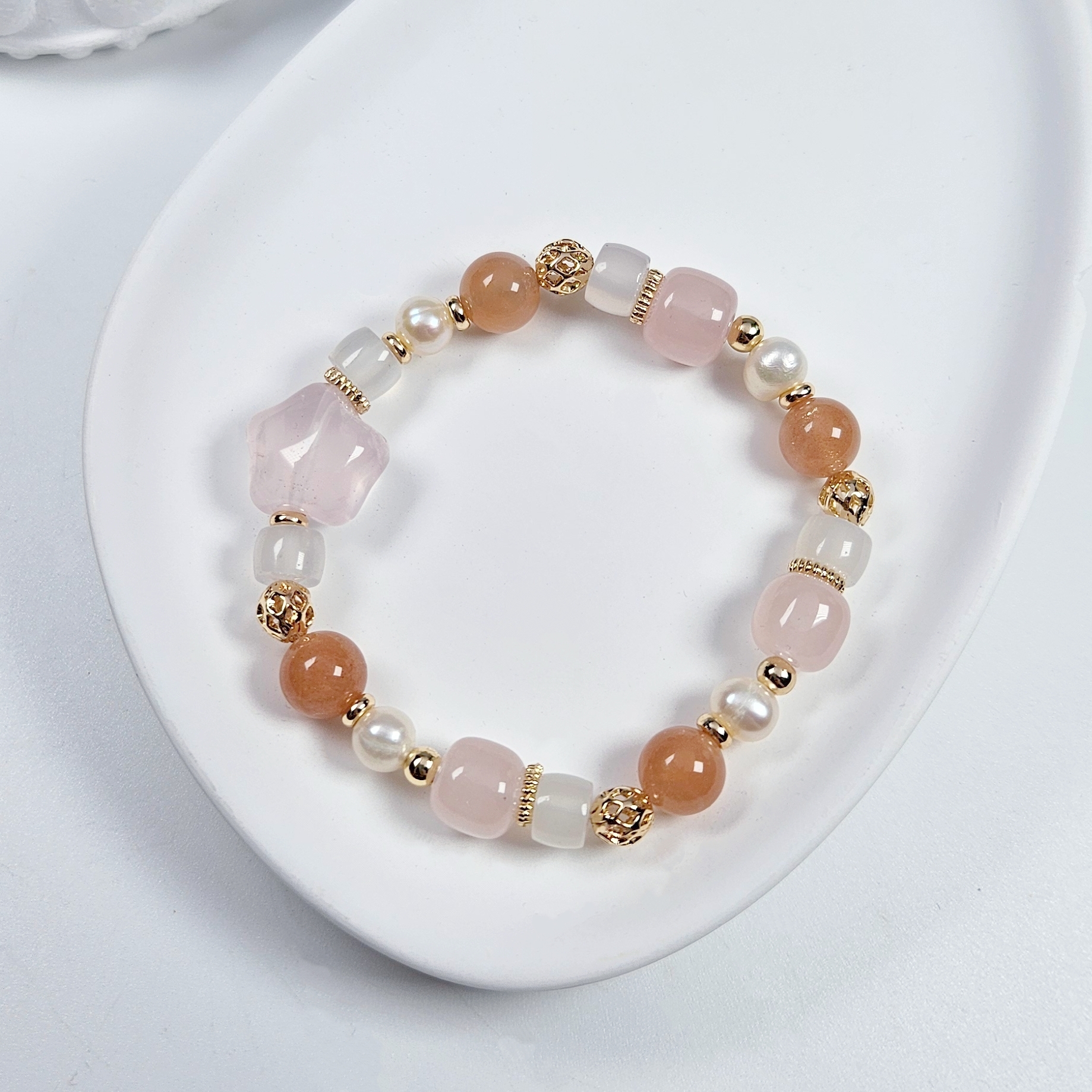 粉水晶星星×太陽石×白玉髓 手鍊