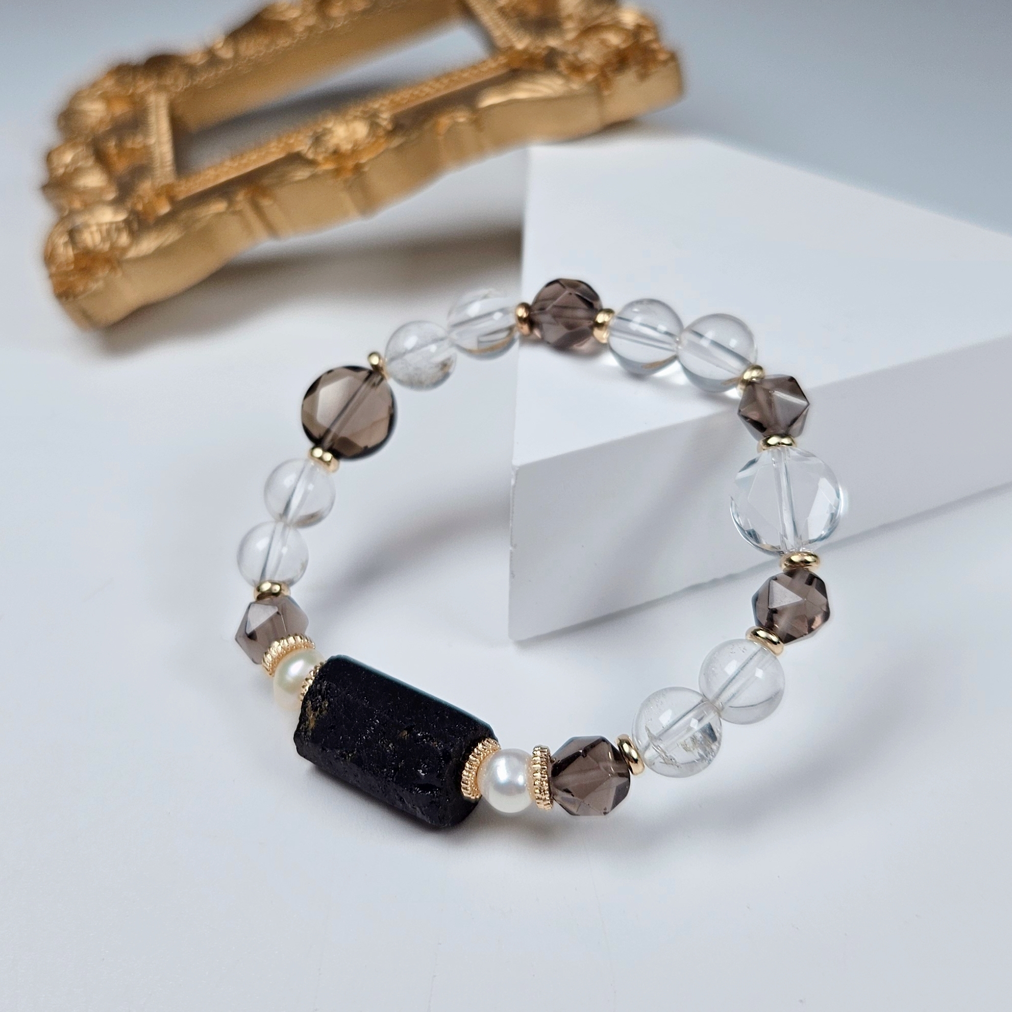 黑碧璽原礦×大衛星白水晶／茶晶 手鍊