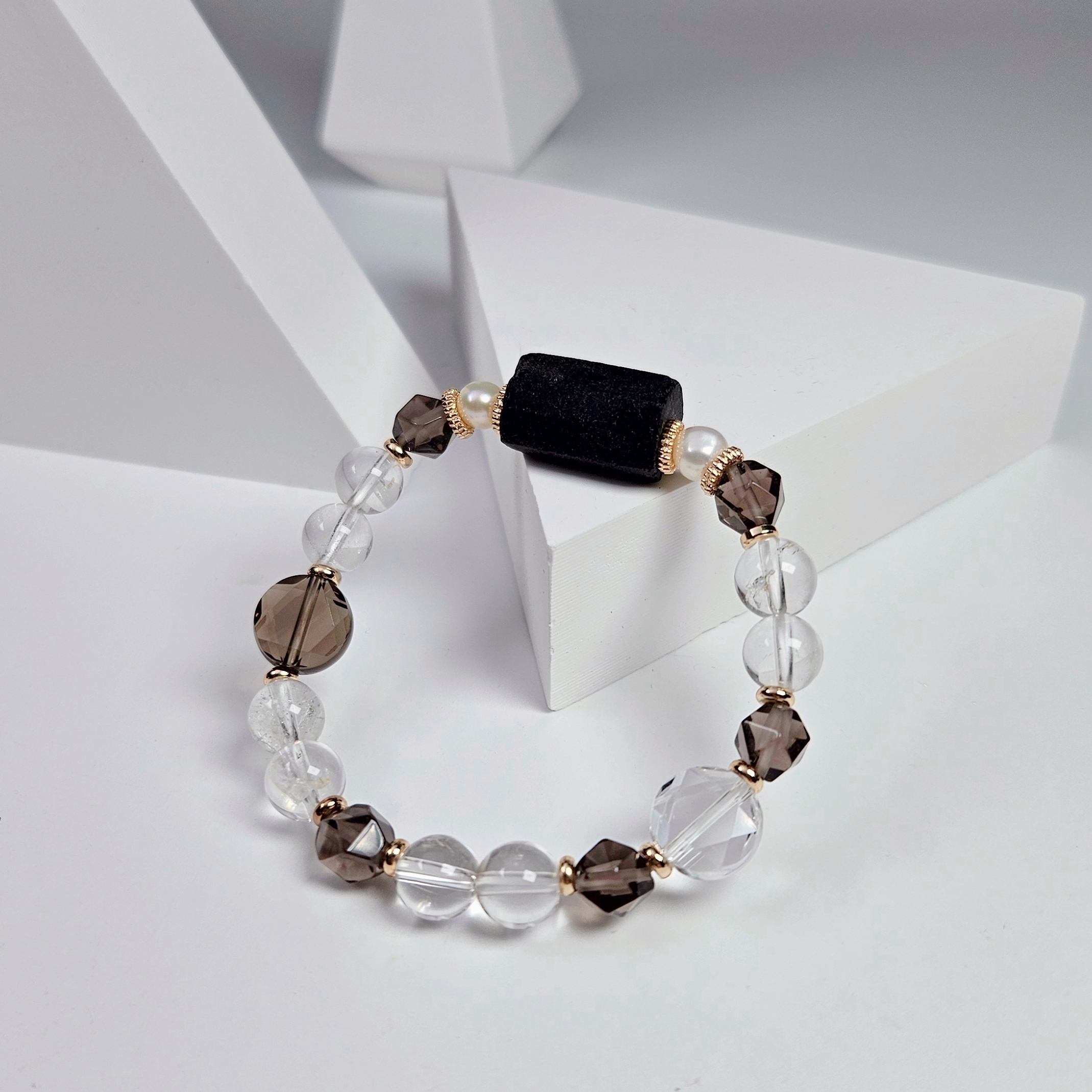 黑碧璽原礦×大衛星白水晶／茶晶 手鍊