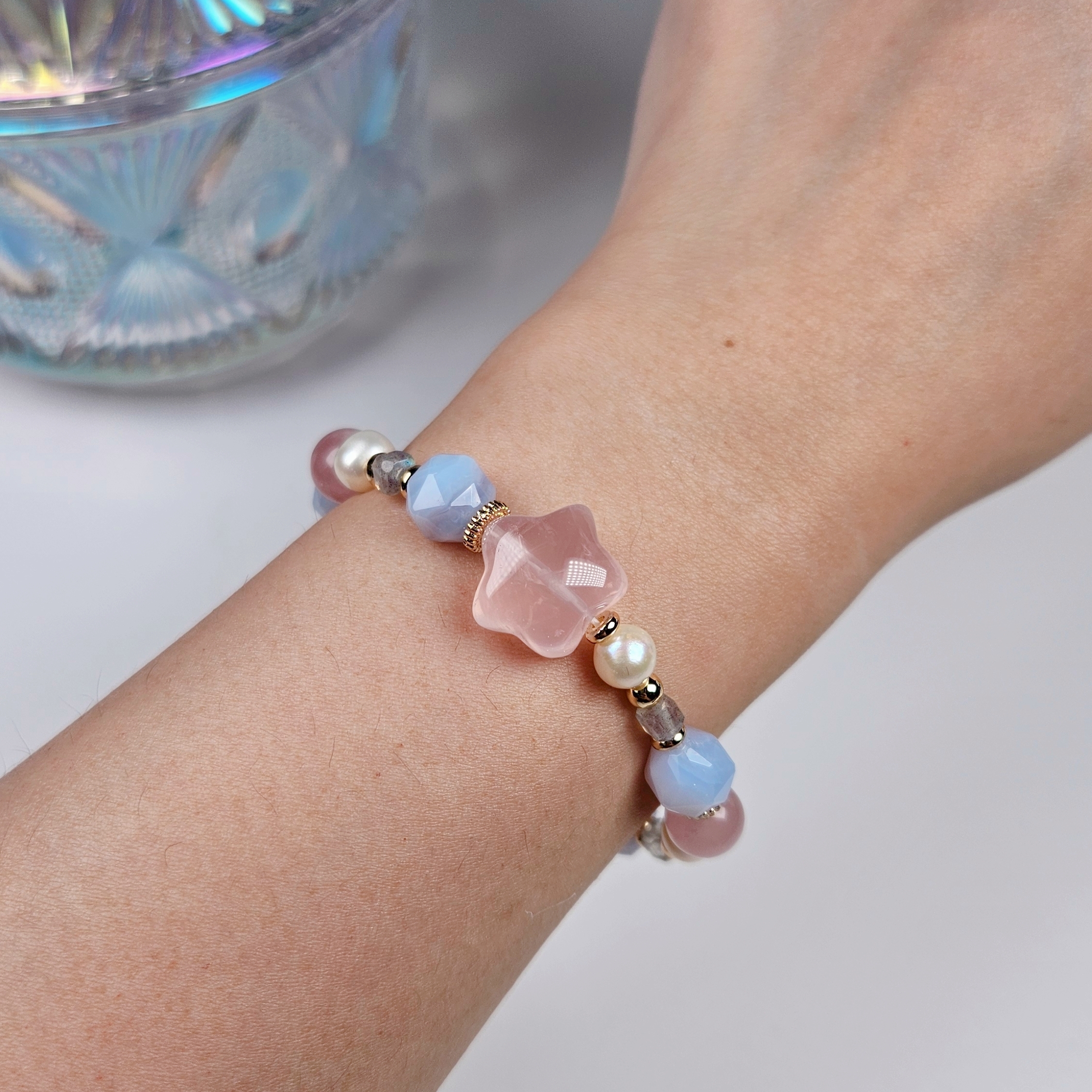 粉水晶星星×藍紋瑪瑙×拉長石 手鍊