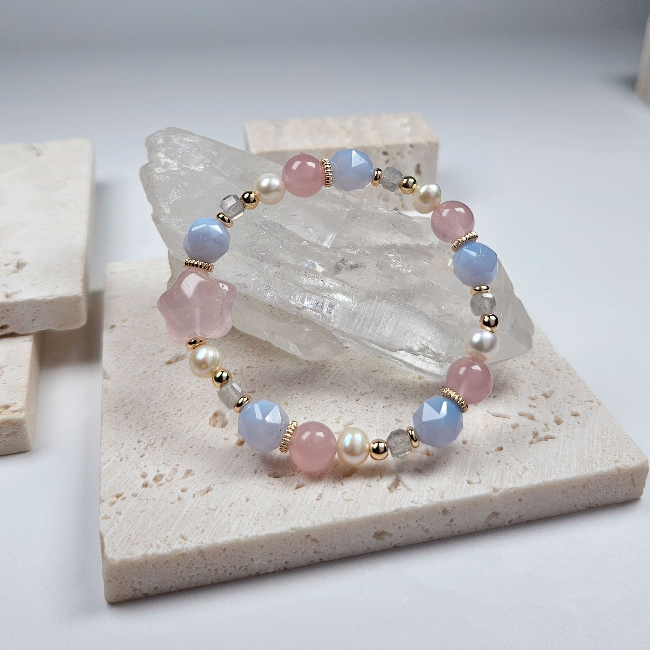 粉水晶星星×藍紋瑪瑙×拉長石 手鍊