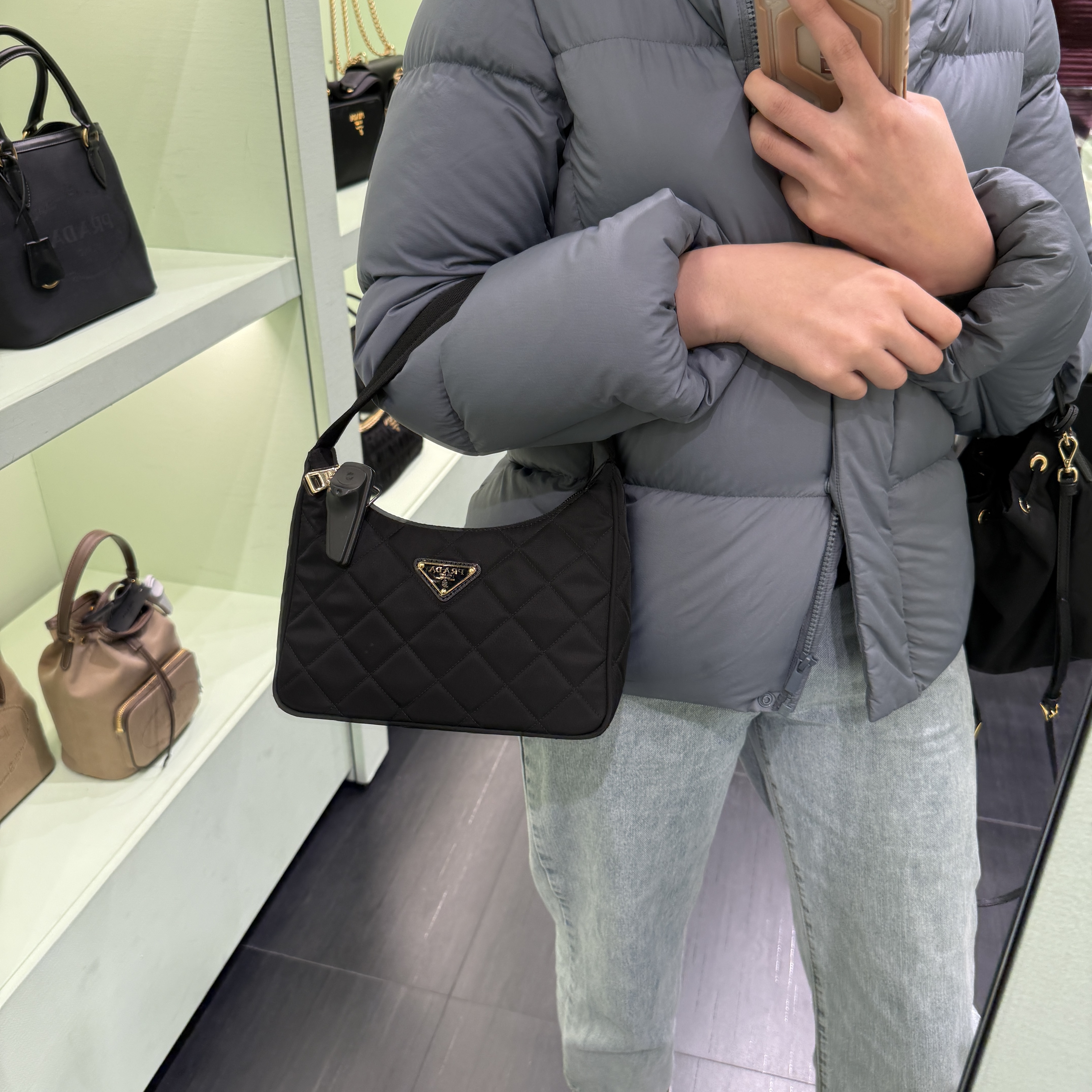 Prada Bag Quilted Tessuto Hobo Bag Black 1NE051