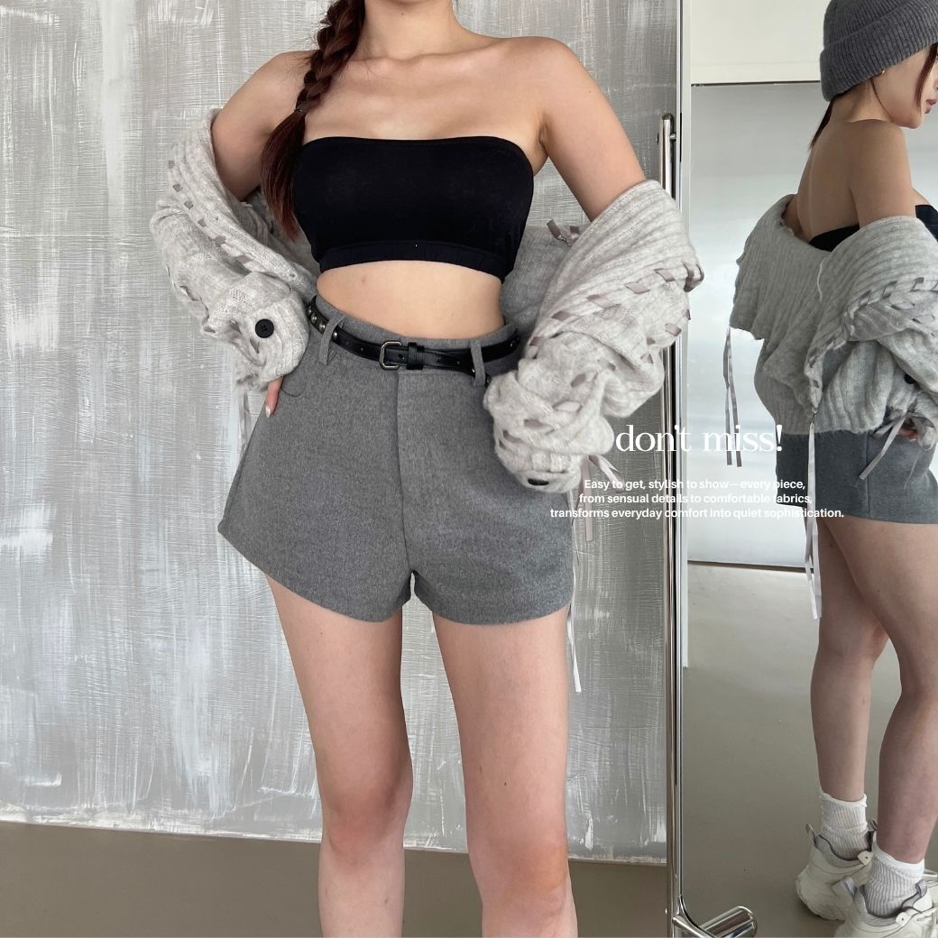 【百搭呢料A字短褲】DOMISS顯瘦 呢料 寬皮帶 A字短褲 高腰推薦!毛呢短褲-3色(現貨)