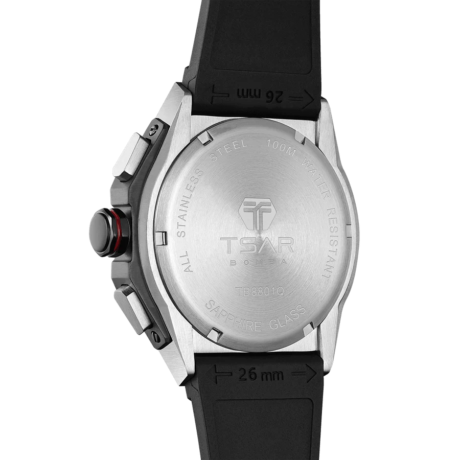 萬年鐘錶 - TSAR BOMBA 機械公爵  石英透視面盤黑色矽膠錶帶男錶 TB8801Q-01 錶徑 46MM