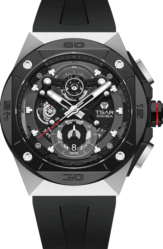 萬年鐘錶 - TSAR BOMBA 機械公爵  石英透視面盤黑色矽膠錶帶男錶 TB8801Q-01 錶徑 46MM