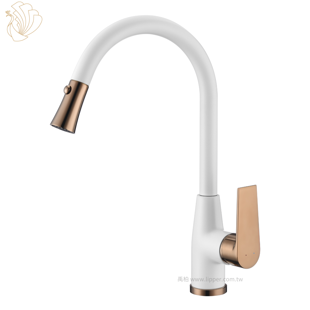 LIPPER 玫瑰金白廚房水龍頭 伸縮可旋轉設計款 LIP-4903RG