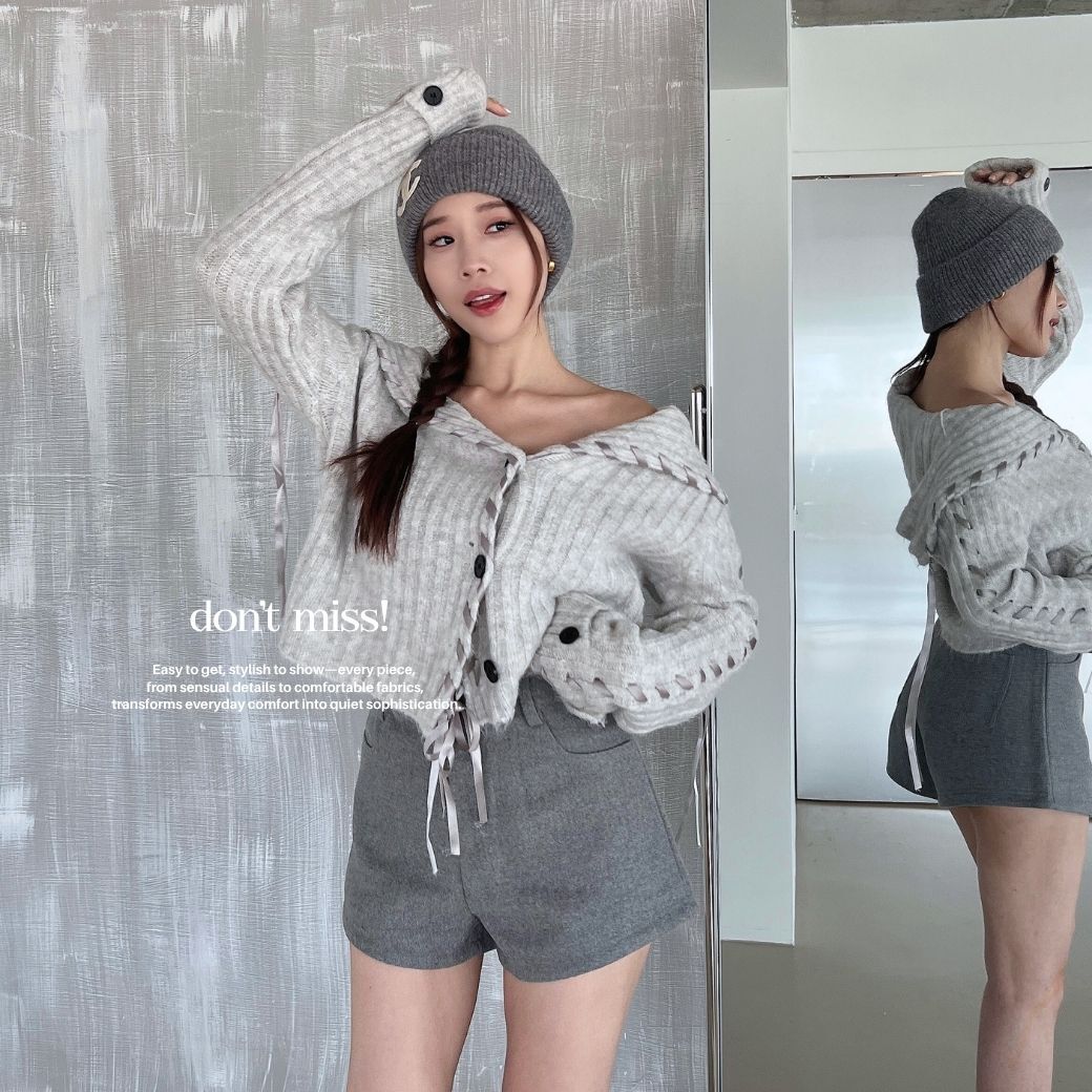 【灰白北極熊】DOMISS甜美緞帶 慵懶針織外套 毛衣外套(現+預)