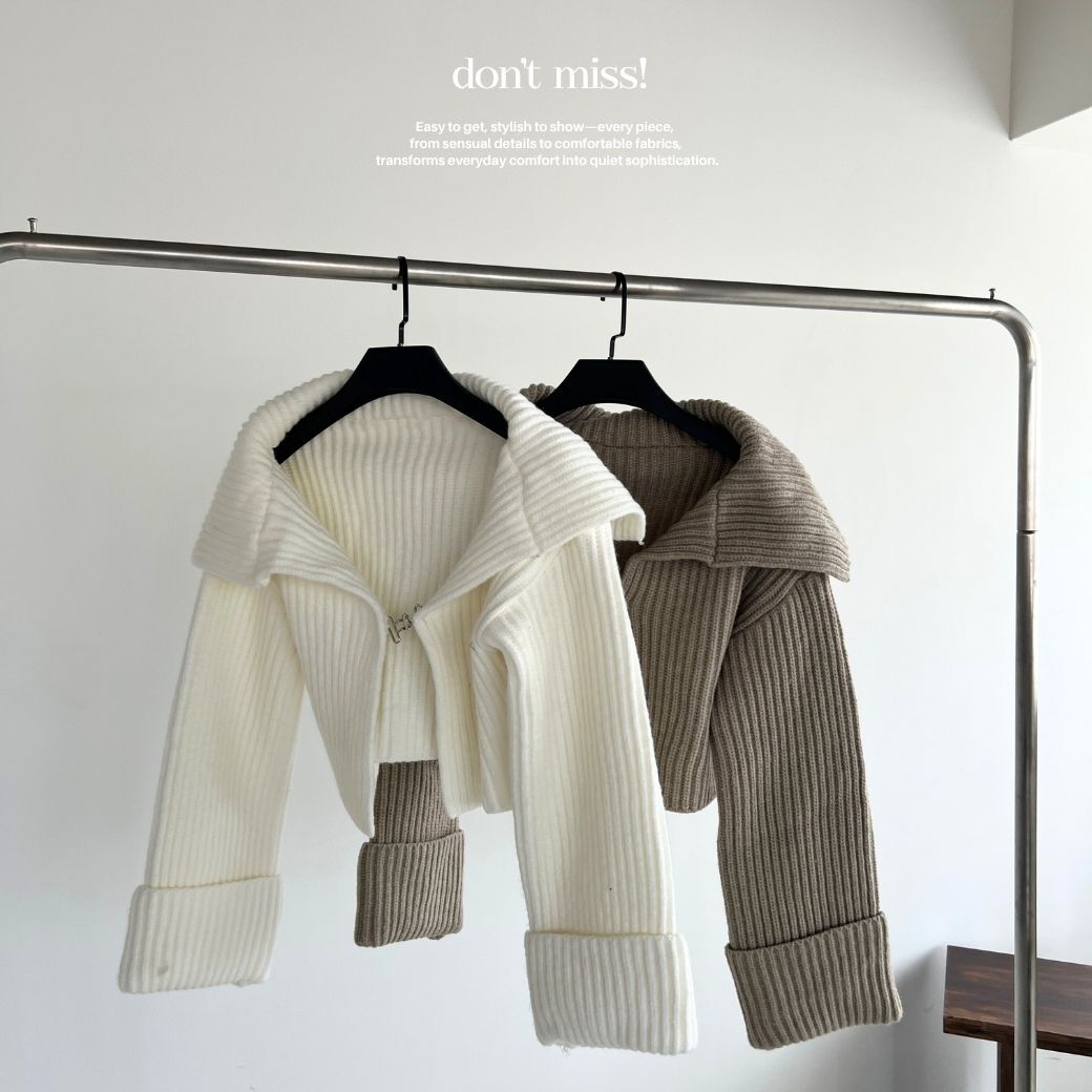 【雪國千金】DOMISS厚磅粗針織翻領短版針織上衣-2色 針織外套 毛衣外套(現貨)