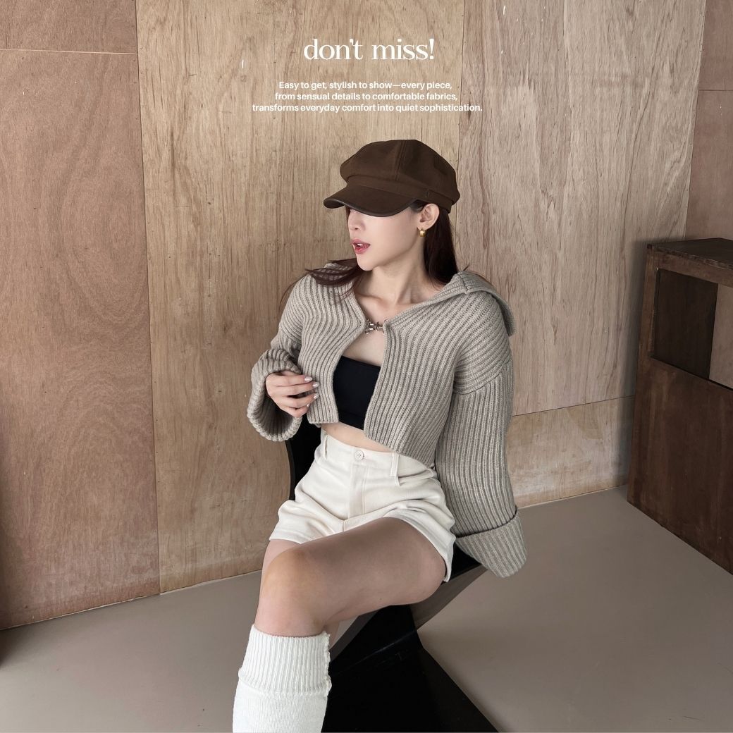 【雪國千金】DOMISS厚磅粗針織翻領短版針織上衣-2色 針織外套 毛衣外套(現貨)