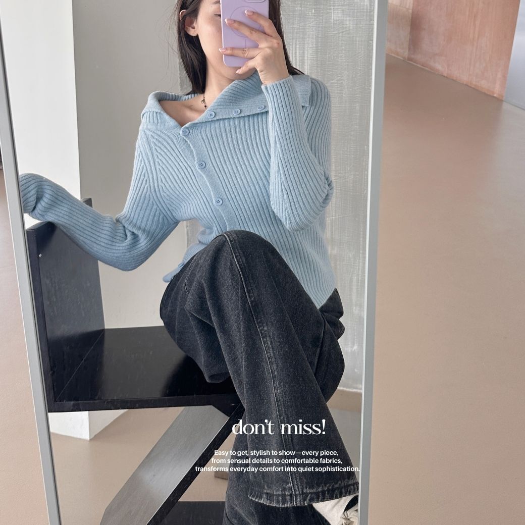 【溫柔奶霜】DOMISS非對稱開襟設計感 針織上衣 毛衣 保暖上衣-5色(現貨)