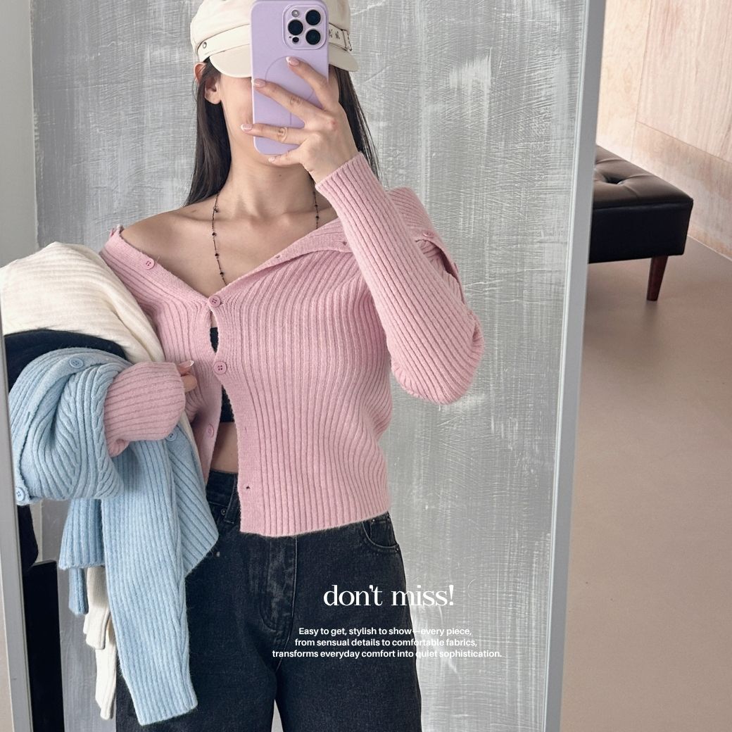 【溫柔奶霜】DOMISS非對稱開襟設計感 針織上衣 毛衣 保暖上衣-5色(現貨)