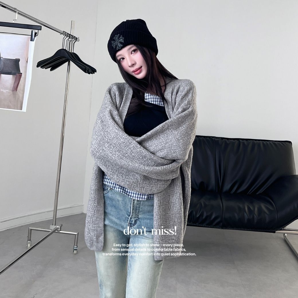 【松絨暖爐】DOMISS慵懶落肩針織外套 針織外套 寬鬆毛衣外套開衫(現貨)