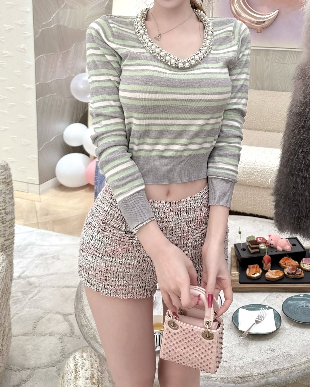 設計師家重工珍珠圓領配色橫條上衣