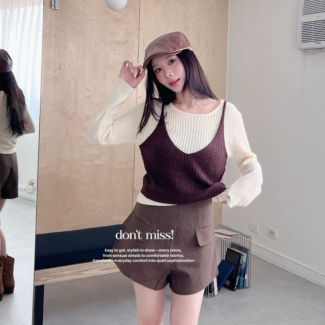 【奶油拿鐵】DOMISS針織兩件式背心上衣套裝 針織衫 長袖上衣(現貨)
