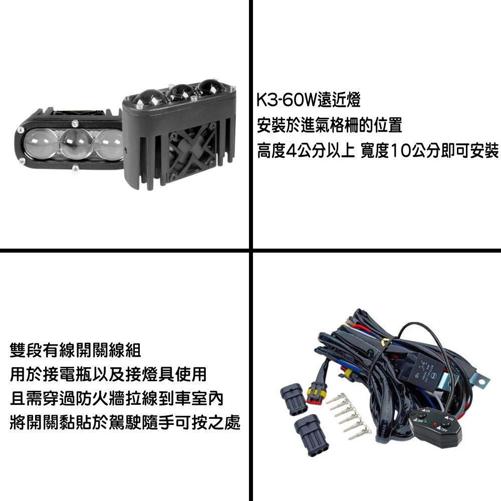 12V K-3 60W遠近燈有線開關進氣格柵組合 晶典光電