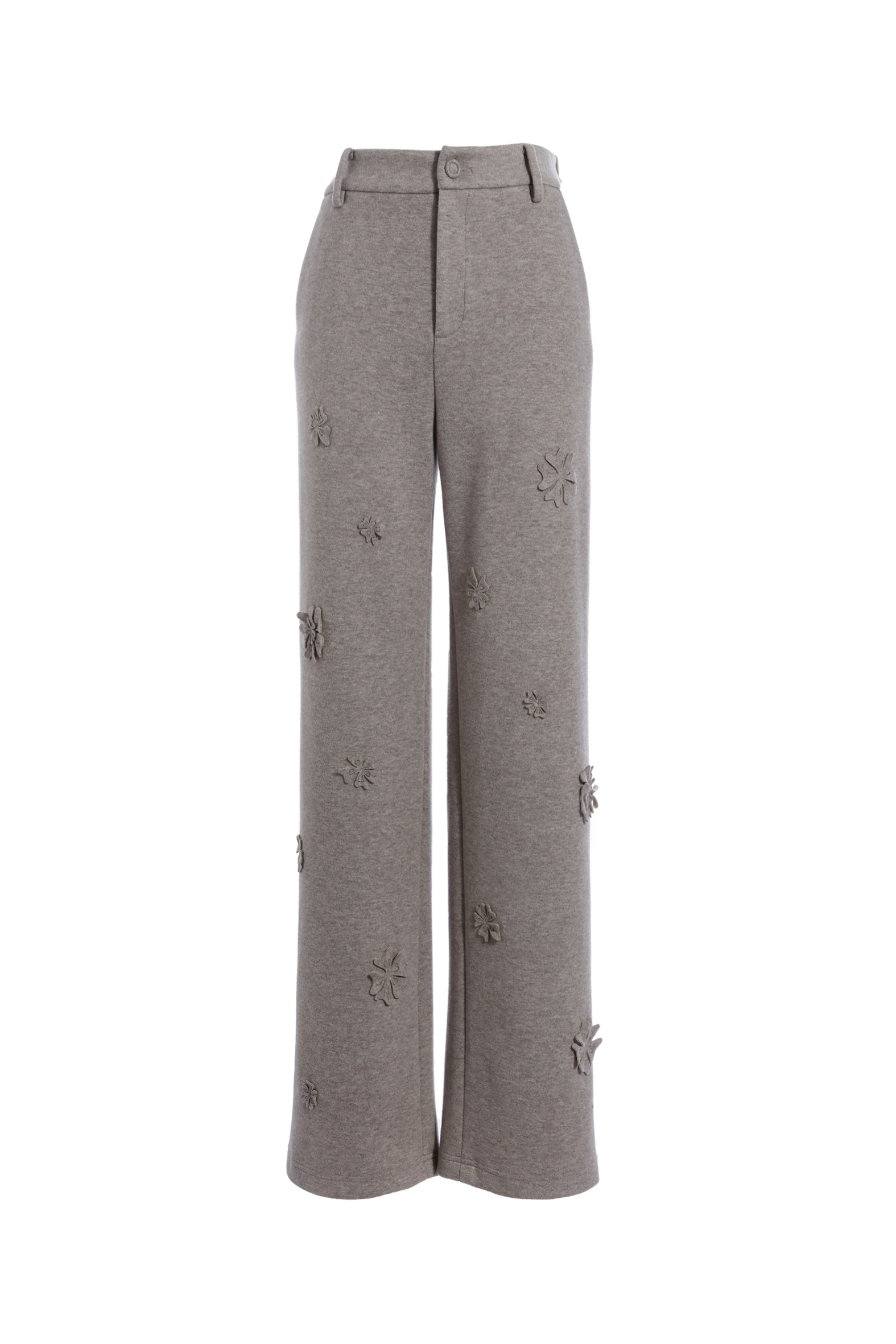 BE15117B1/B2 素花織語立體花朵造型貼布寬直筒長褲 (2色)