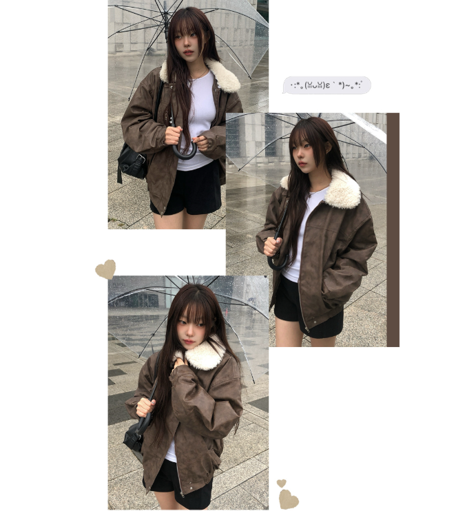 anyonemore 復古皮革外套 皮草 毛毛 咖色外套 復古外套 衣領可拆卸
