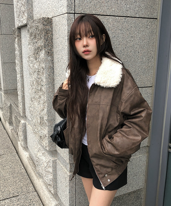 anyonemore 復古皮革外套 皮草 毛毛 咖色外套 復古外套 衣領可拆卸