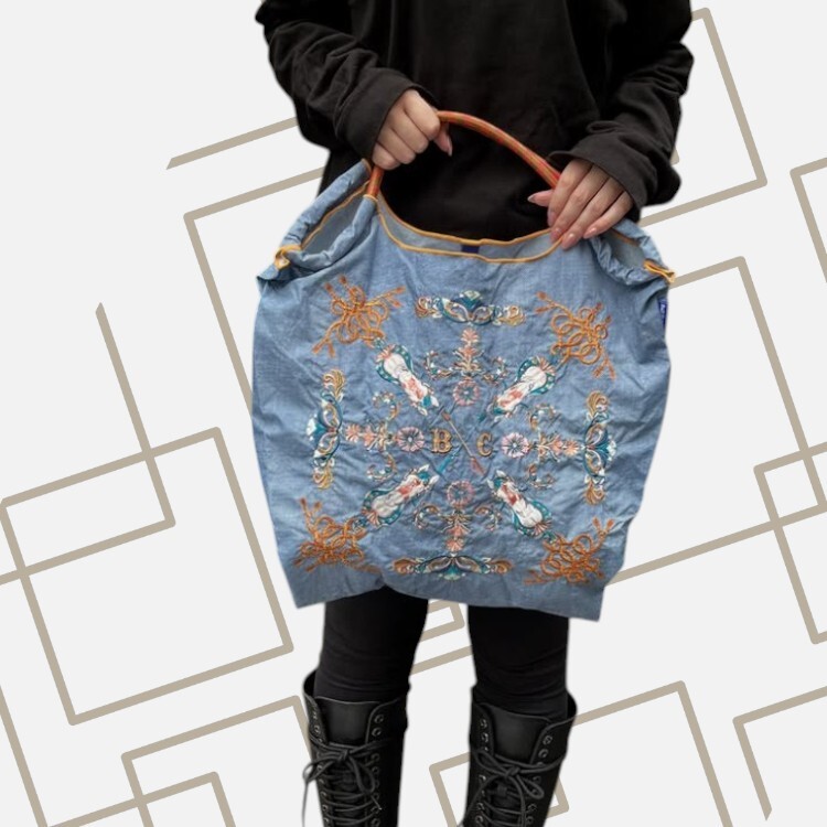 Ball＆Chain 刺繡環保購物袋 M號 - 丹寧藍 (30106877)