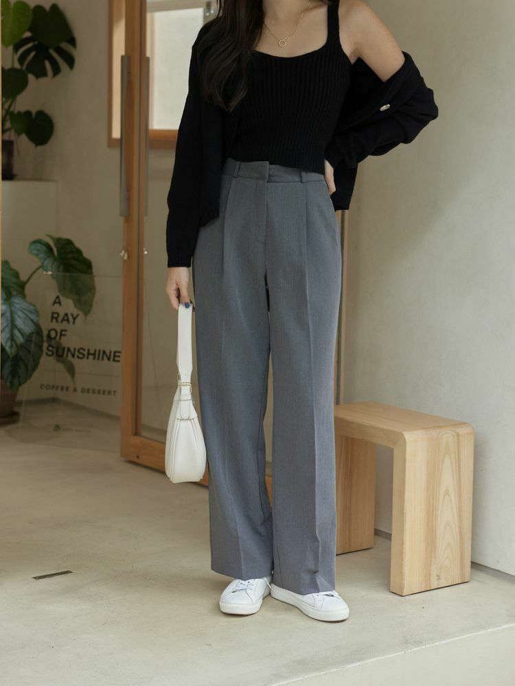 高腰挺料打褶落地西褲(灰&奶茶)
