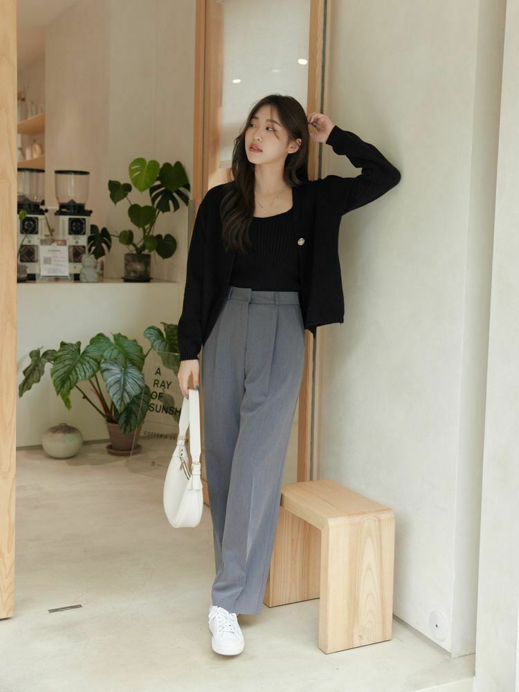 高腰挺料打褶落地西褲(灰&奶茶)