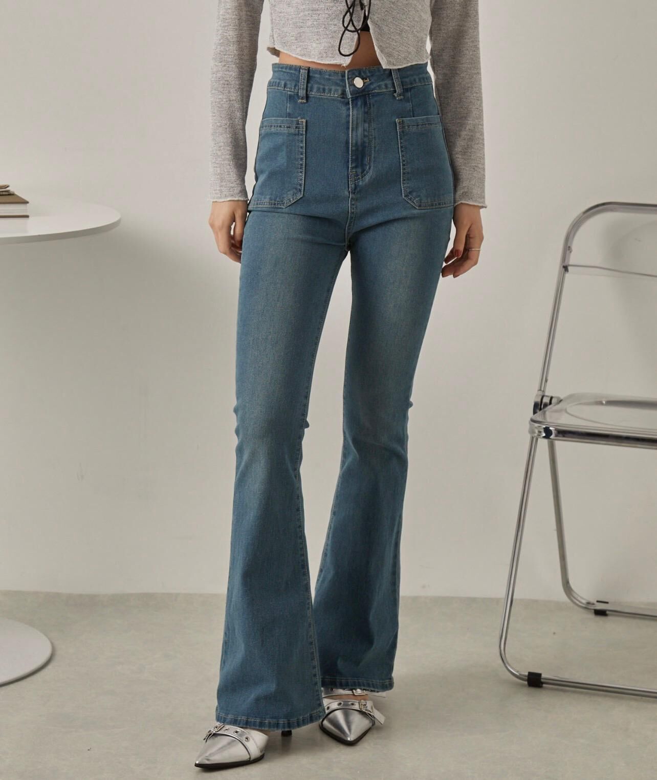 【預購】NuNuNa JN102802 高腰彈性緊身喇叭牛仔褲