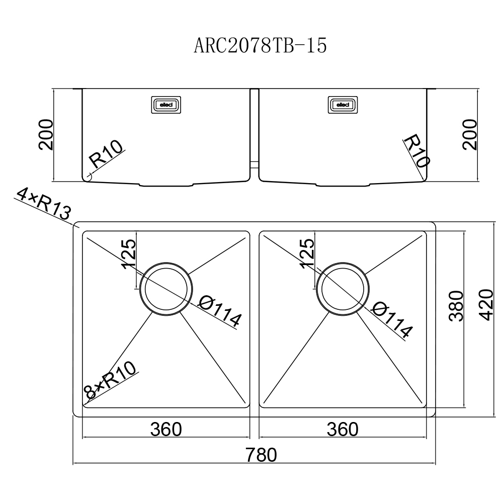 Elleci ARCA系列不銹鋼手工鋅盤 ARC2078TB - 15 (不包括安裝)