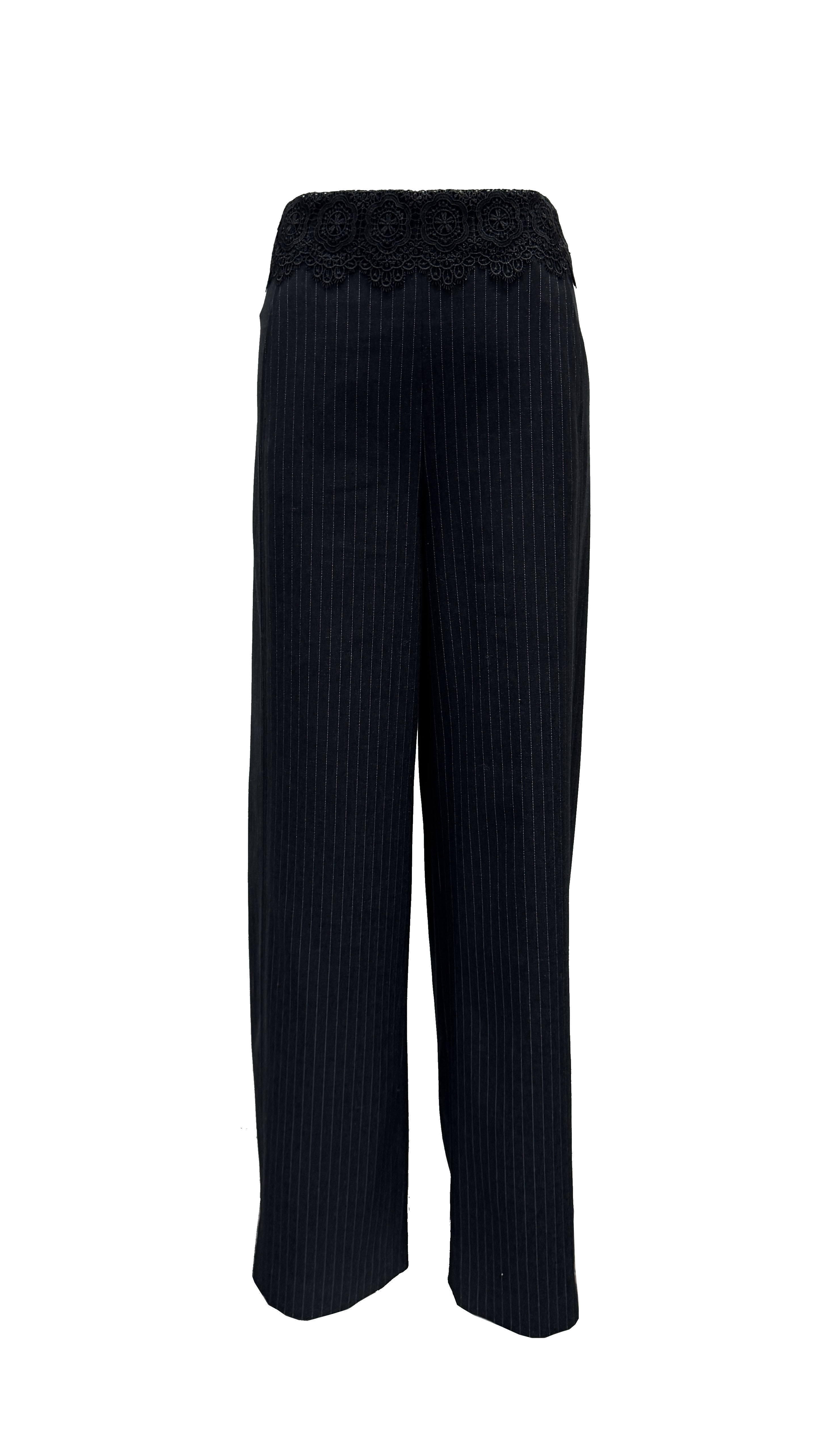 BE15125B1 靜光花緣條紋蕾絲腰頭寬直筒長褲