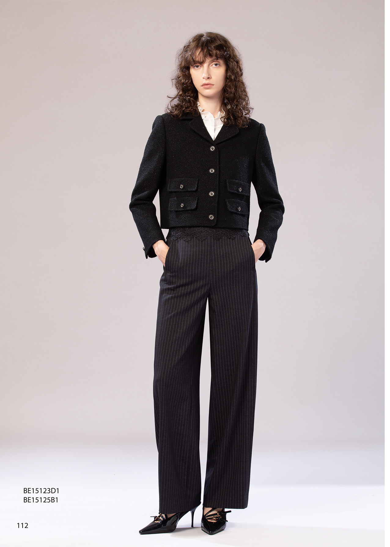 BE15125B1 靜光花緣條紋蕾絲腰頭寬直筒長褲