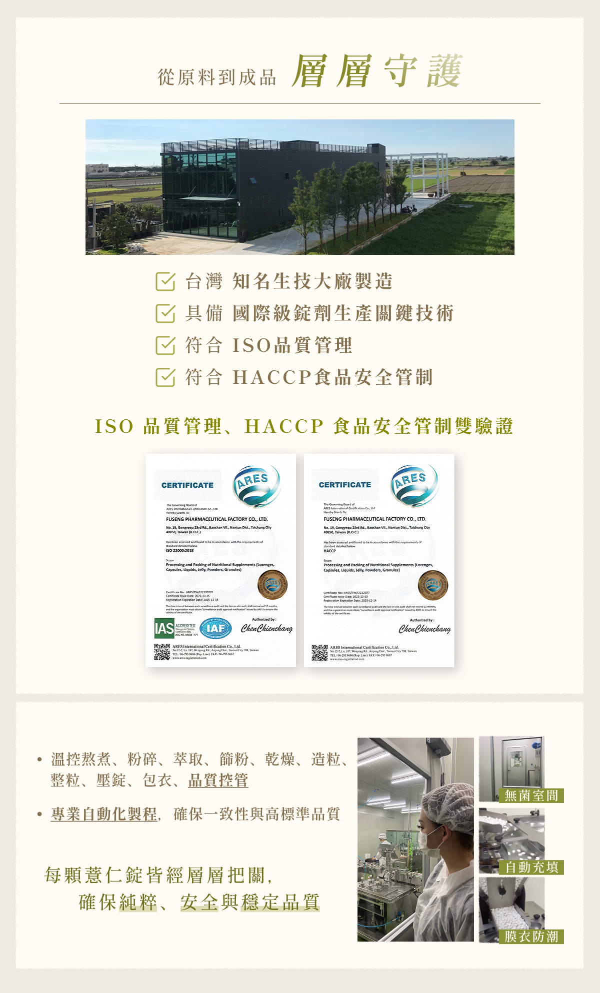 BWYA 草本薏仁錠製造廠及品質管理認證。台灣知名生技大廠製造,符合 ISO 與 HACCP 國際雙驗證。自動化製程、無菌室操作、膜衣防潮,確保安全與穩定品質。