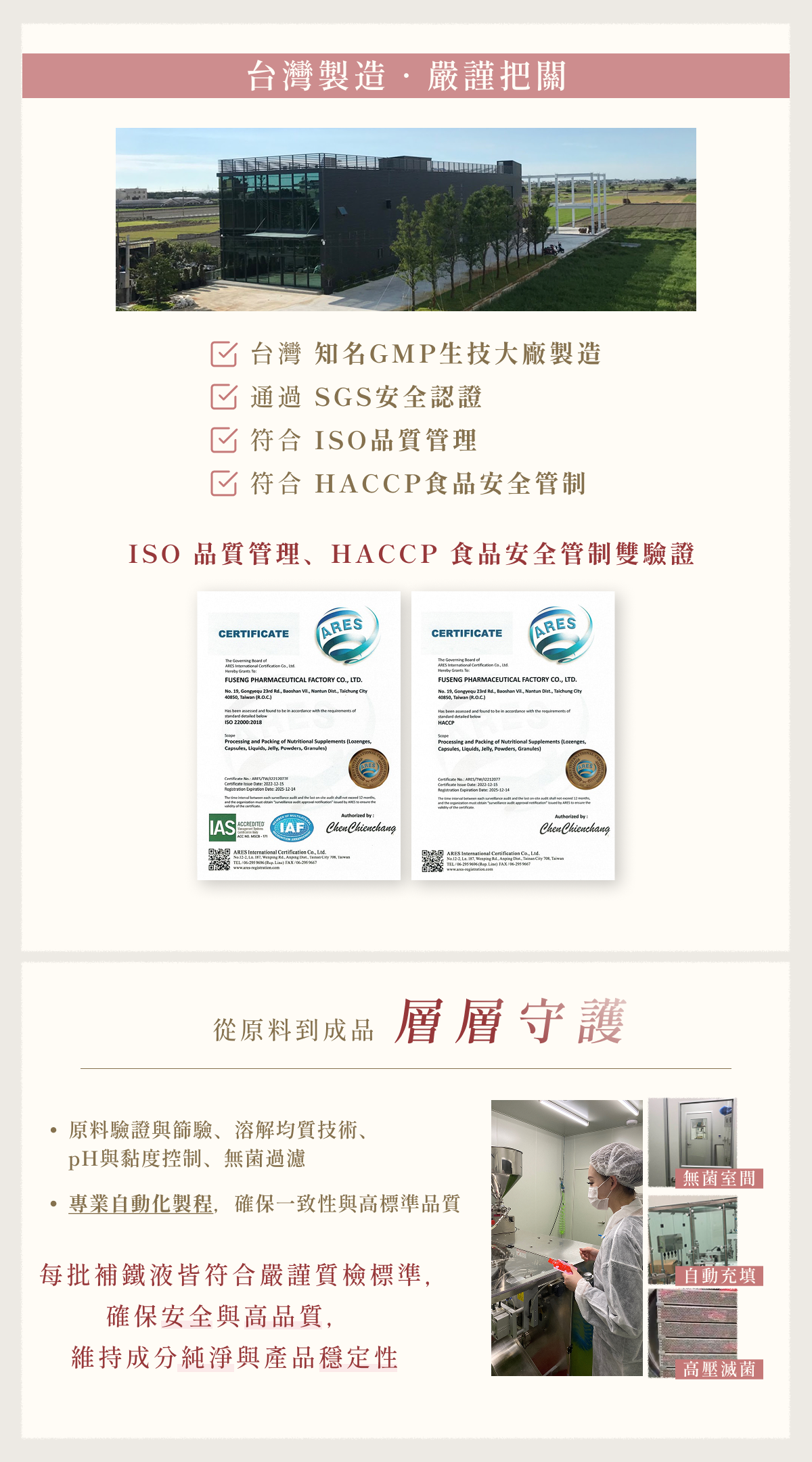 BWYA 漢方補鐵液製造工廠與品質驗證。台灣GMP生技大廠製造,通過SGS、ISO、HACCP雙重驗證,層層把關確保產品純淨安全。