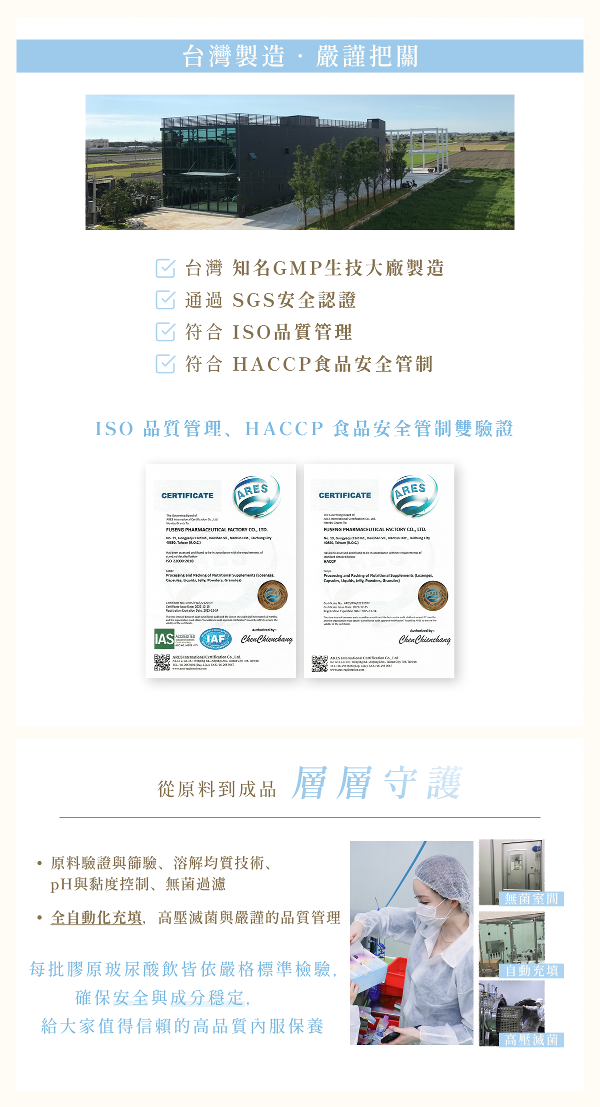 BWYA 初膠原蛋白玻尿酸飲製造工廠與品質認證。台灣 GMP 生技大廠製造,通過 SGS、ISO、HACCP 國際雙重驗證,層層檢驗確保安全。